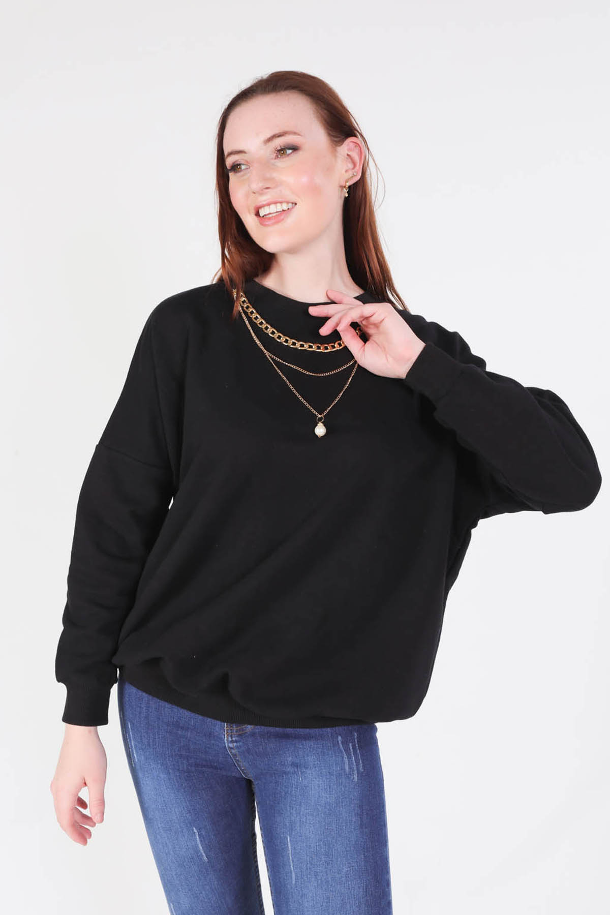 221128 Zincir Kolye Detay Sweat Siyah - 4