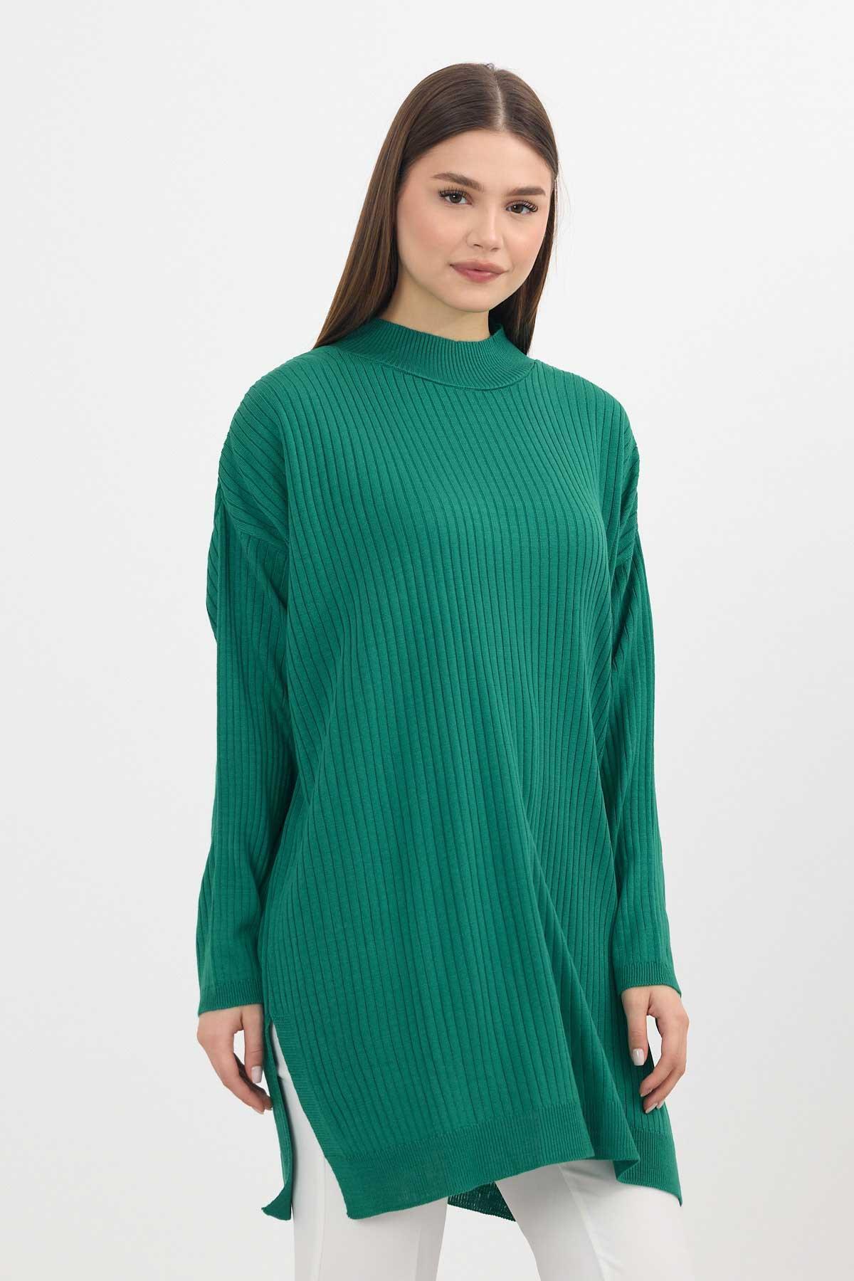 Benetton Yeşili Yırtmaç Detay Fitilli Kazak 22131 