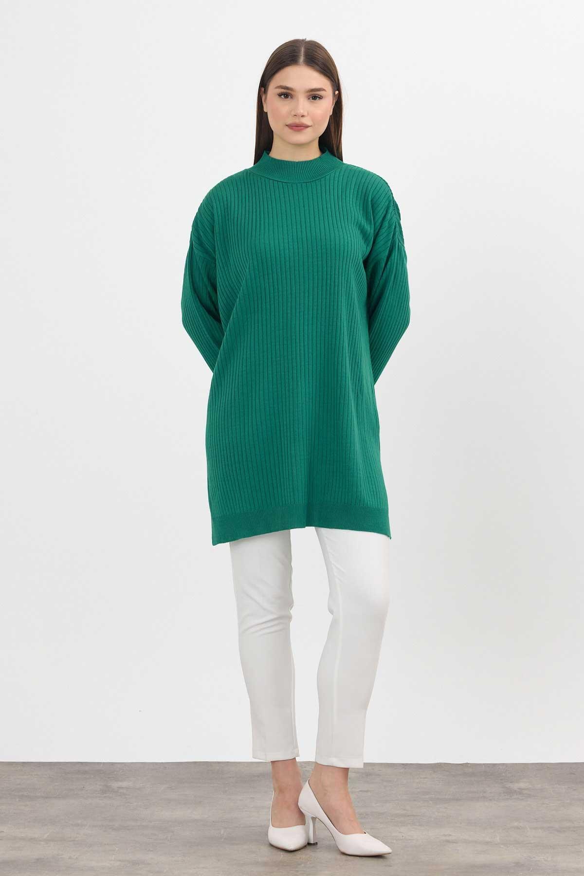 22131 Yırtmaç Detay Fitilli Tunik Benetton Yeşili - RAYS