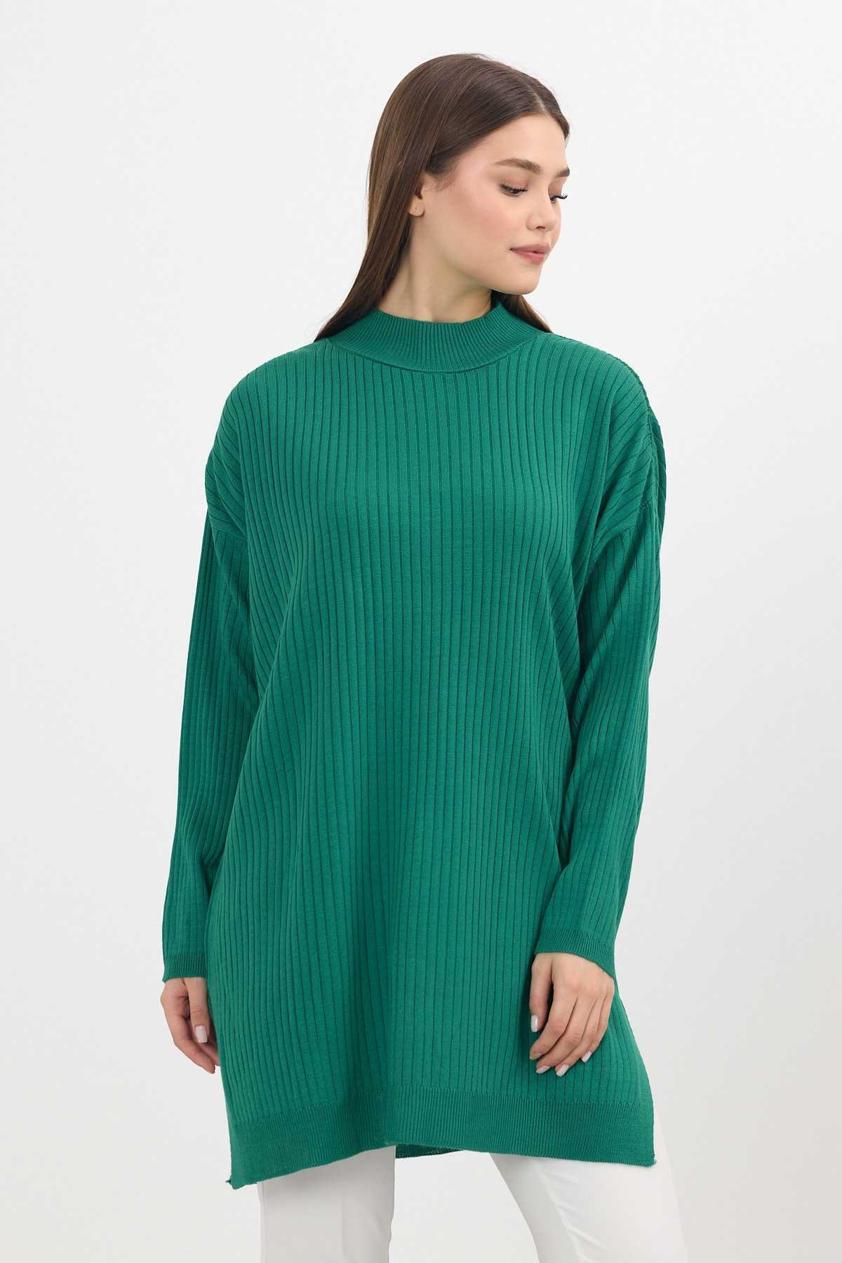 22131 Yırtmaç Detay Fitilli Tunik Benetton Yeşili - 8