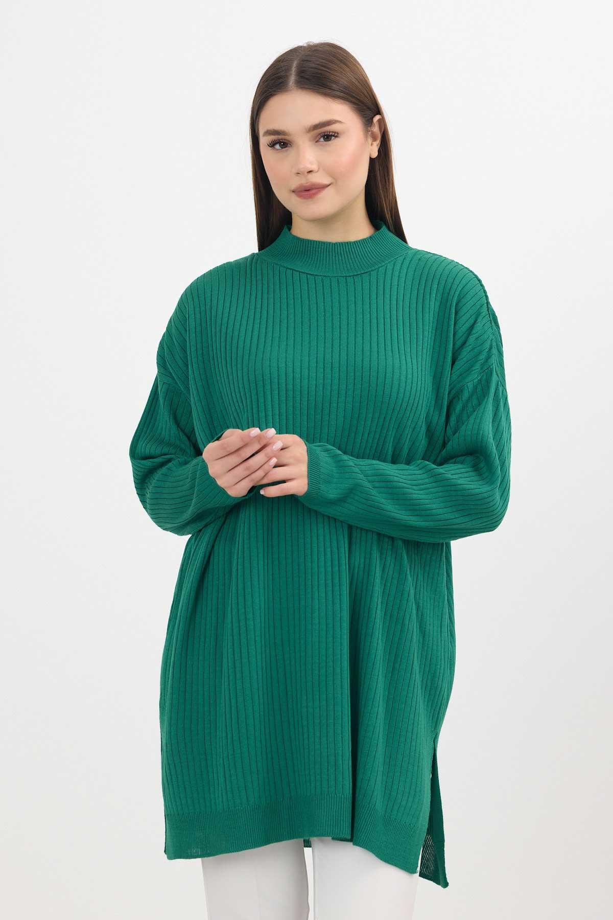 Benetton Yeşili Yırtmaç Detay Fitilli Kazak 22131 - 3