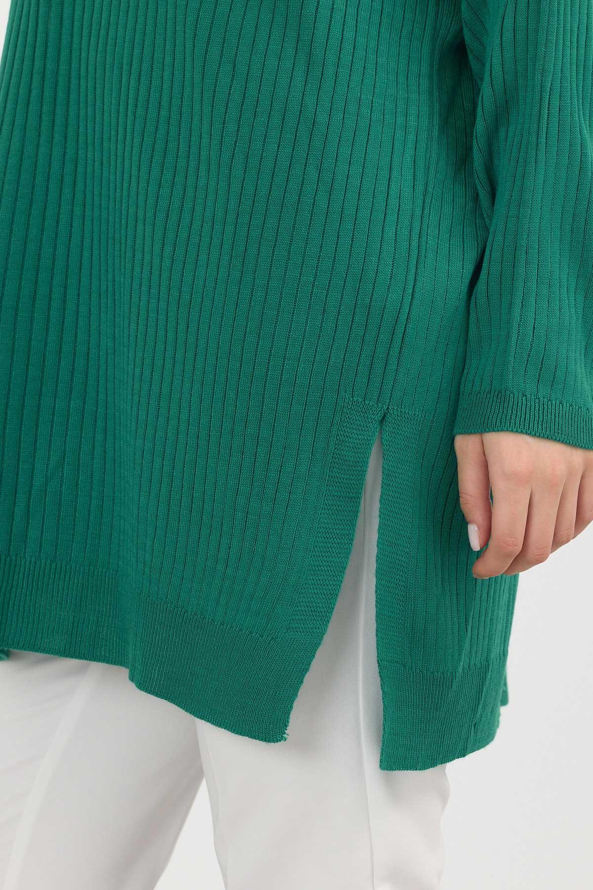 Benetton Yeşili Yırtmaç Detay Fitilli Kazak 22131 - 5