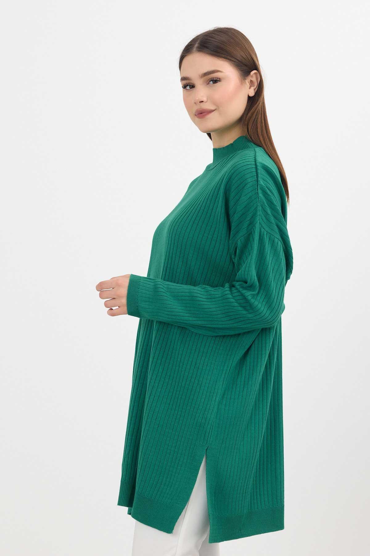 Benetton Yeşili Yırtmaç Detay Fitilli Kazak 22131 - 7