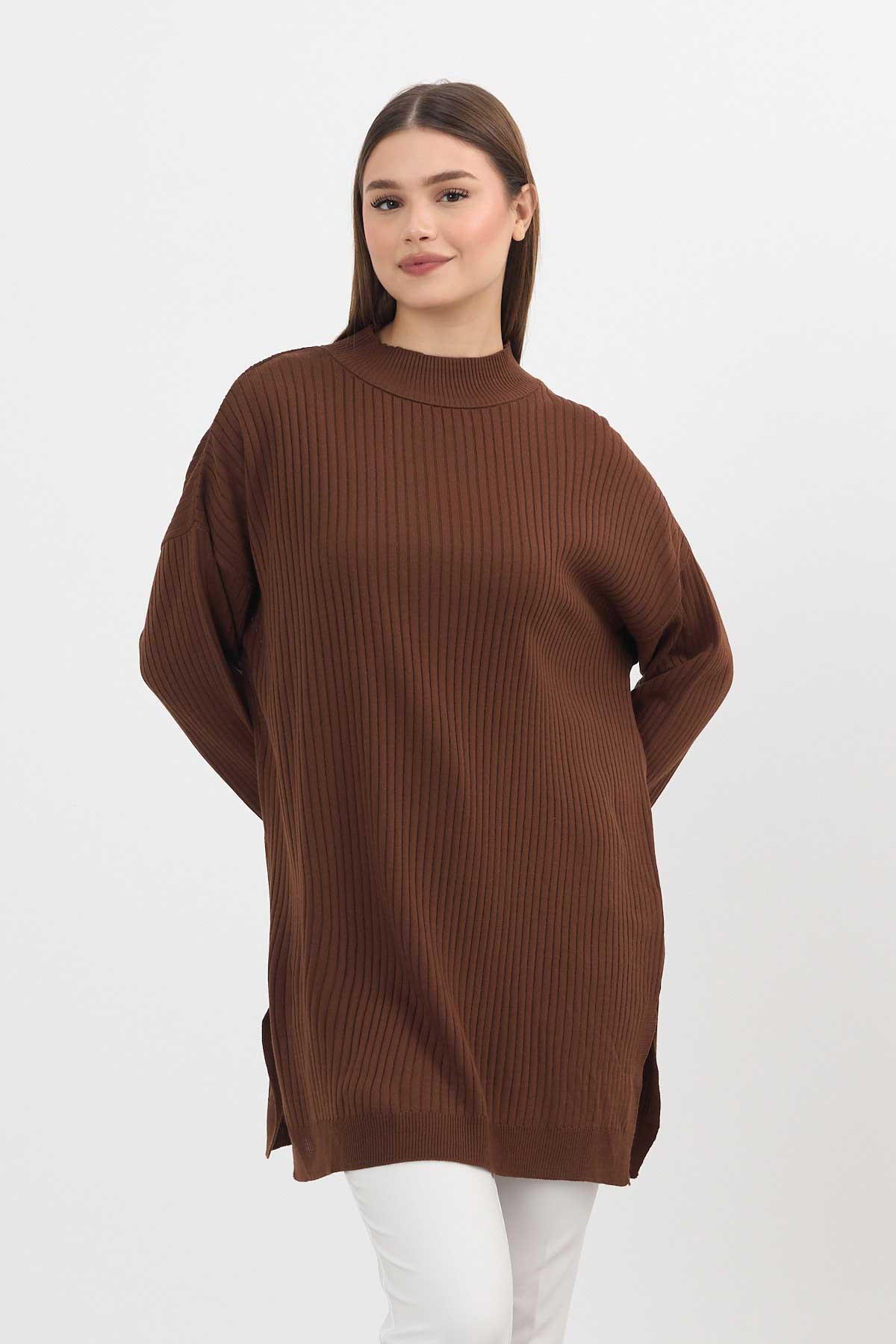 22131 Yırtmaç Detay Fitilli Tunik Kahve - RAYS