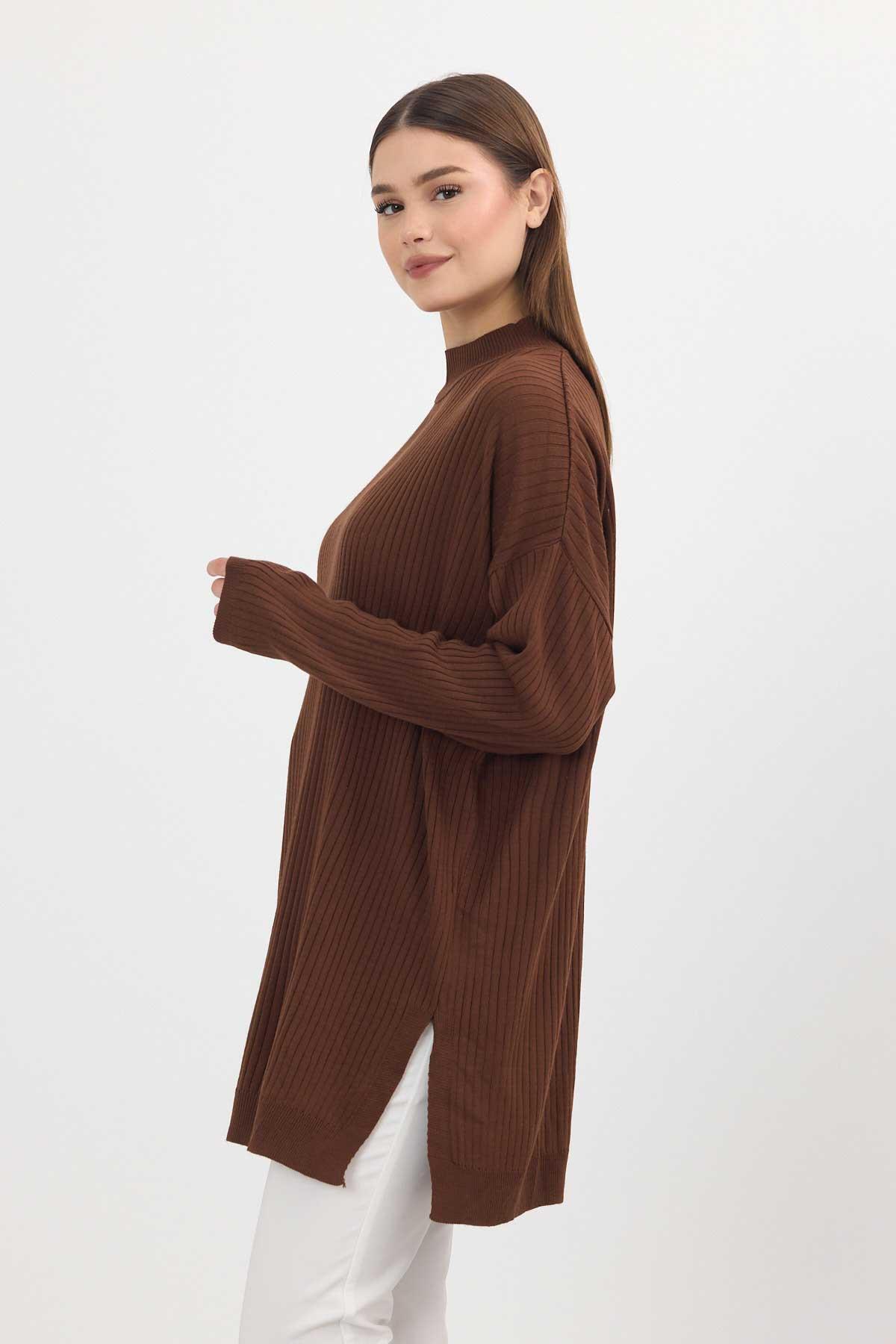 22131 Yırtmaç Detay Fitilli Tunik Kahve - 7