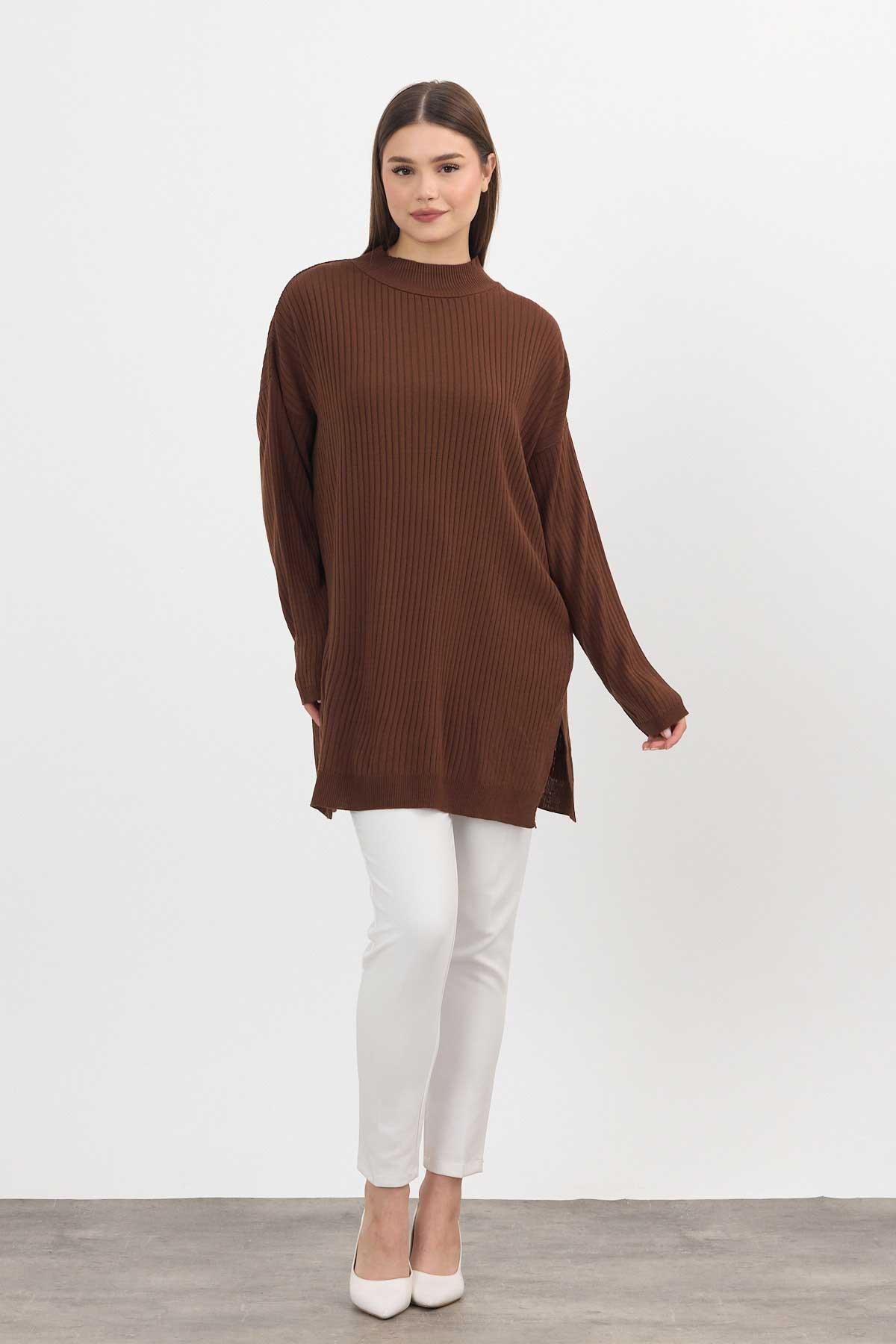 22131 Yırtmaç Detay Fitilli Tunik Kahve - 2