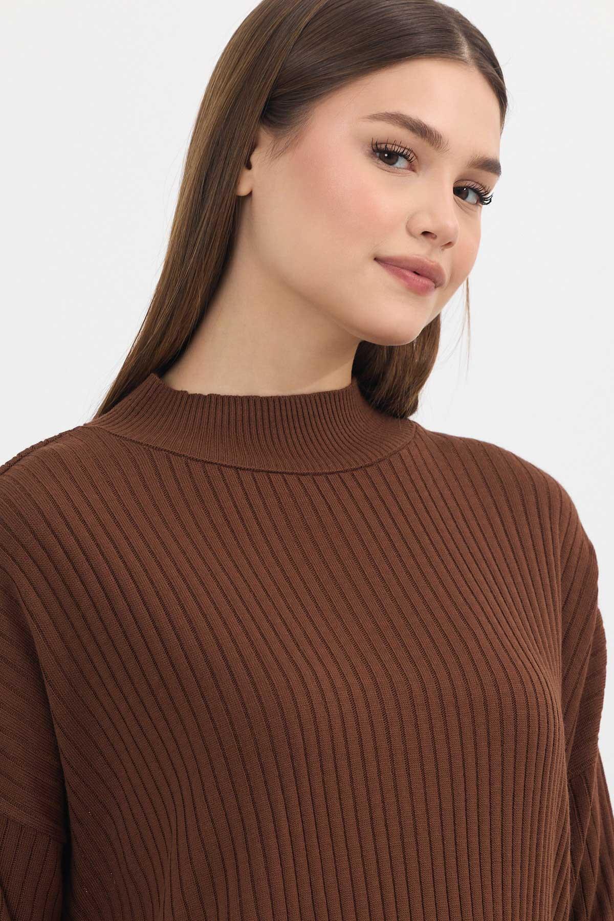 22131 Yırtmaç Detay Fitilli Tunik Kahve - 4