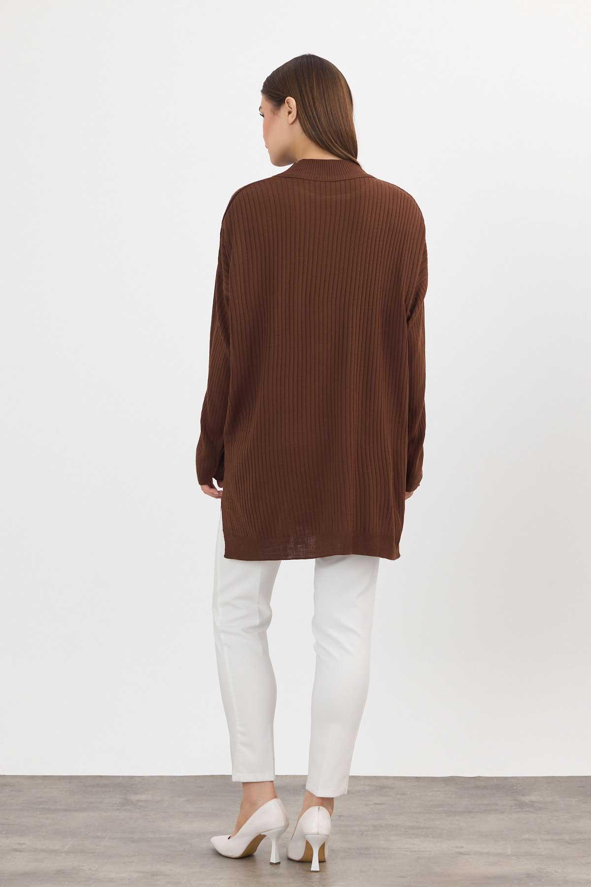 22131 Yırtmaç Detay Fitilli Tunik Kahve - 6