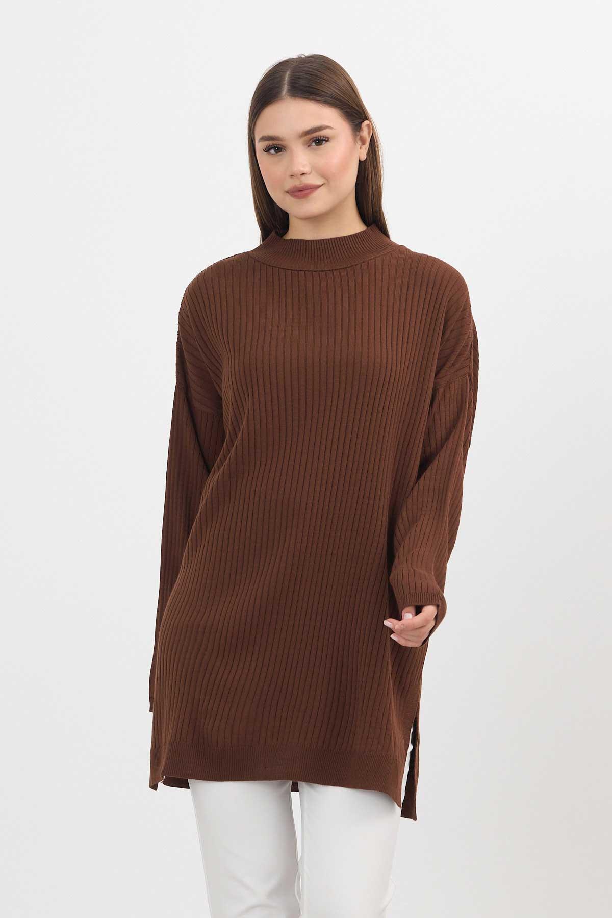 Kahve Yırtmaç Detay Fitilli Kazak 22131 - 1