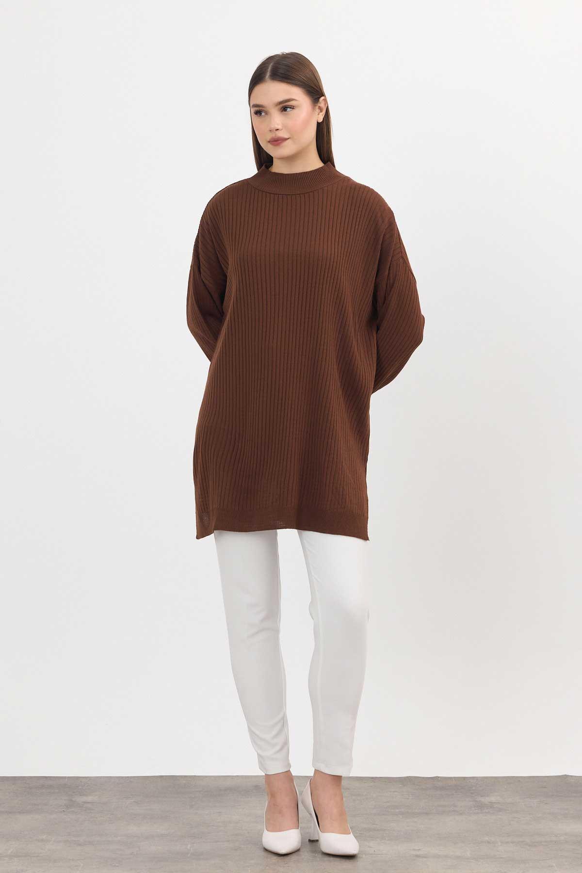 Kahve Yırtmaç Detay Fitilli Kazak 22131 - 8