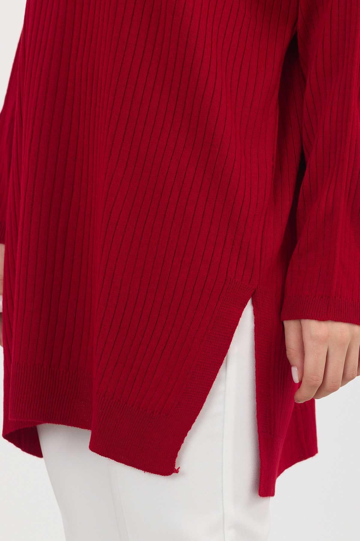 22131 Yırtmaç Detay Fitilli Tunik Kırmızı - 5