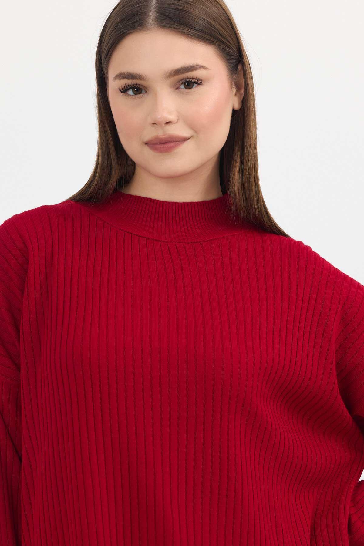 22131 Yırtmaç Detay Fitilli Tunik Kırmızı - 4