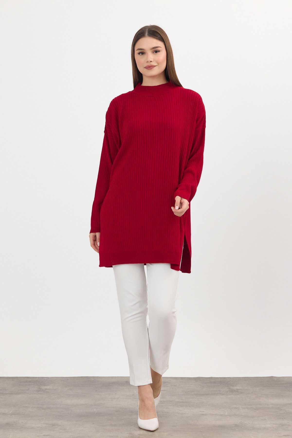 22131 Yırtmaç Detay Fitilli Tunik Kırmızı - 8