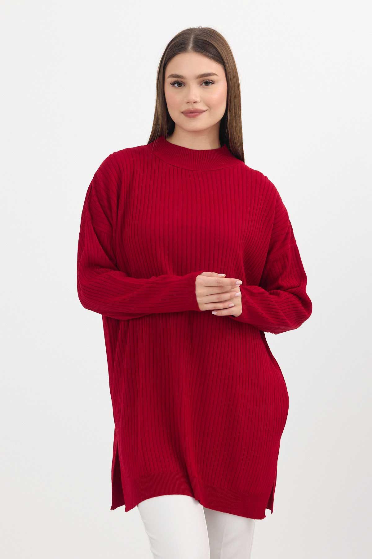 Kırmızı Yırtmaç Detay Fitilli Kazak 22131 - 1