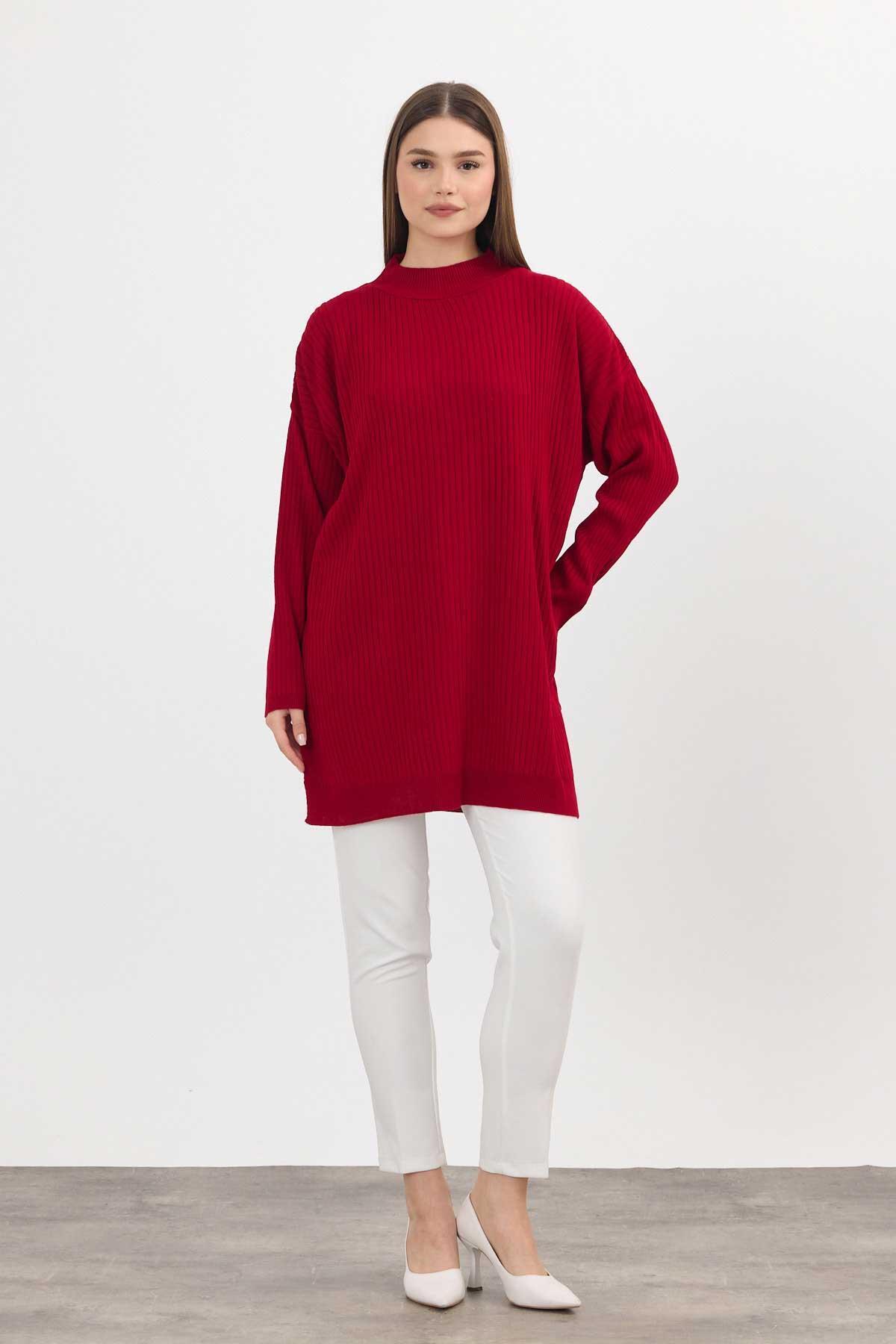 Kırmızı Yırtmaç Detay Fitilli Kazak 22131 - 2