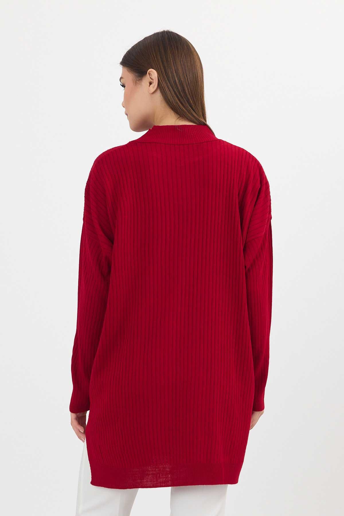 Kırmızı Yırtmaç Detay Fitilli Kazak 22131 - 6