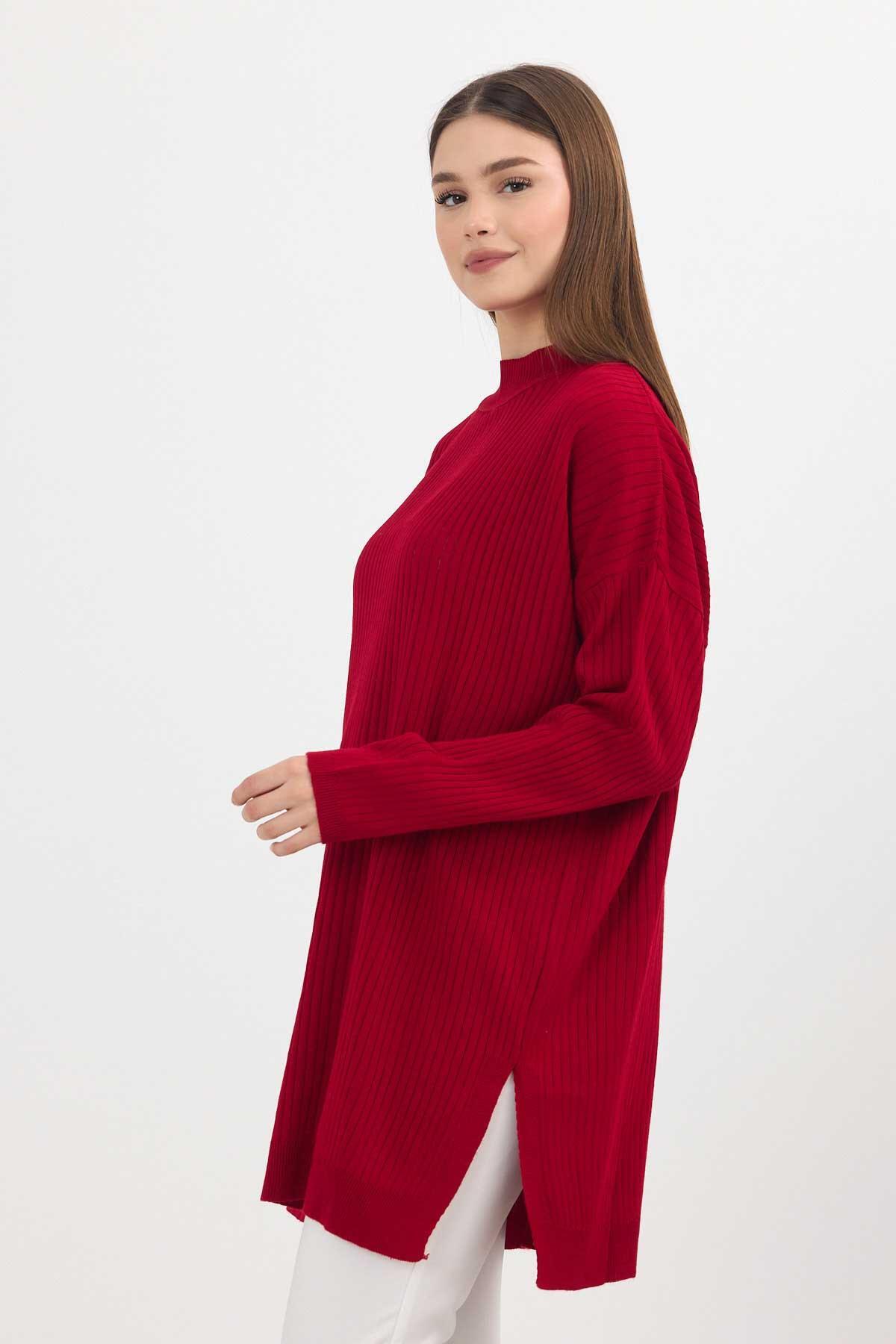 Kırmızı Yırtmaç Detay Fitilli Kazak 22131 - 7