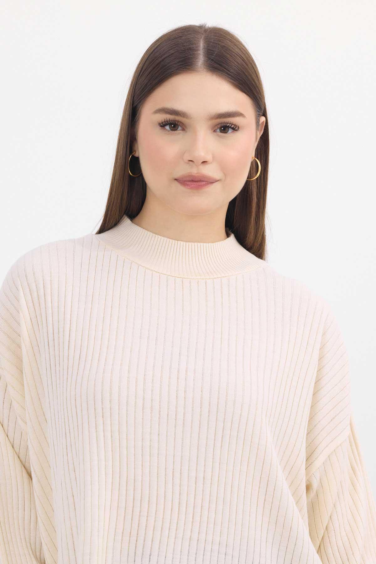 22131 Yırtmaç Detay Fitilli Tunik Krem - RAYS