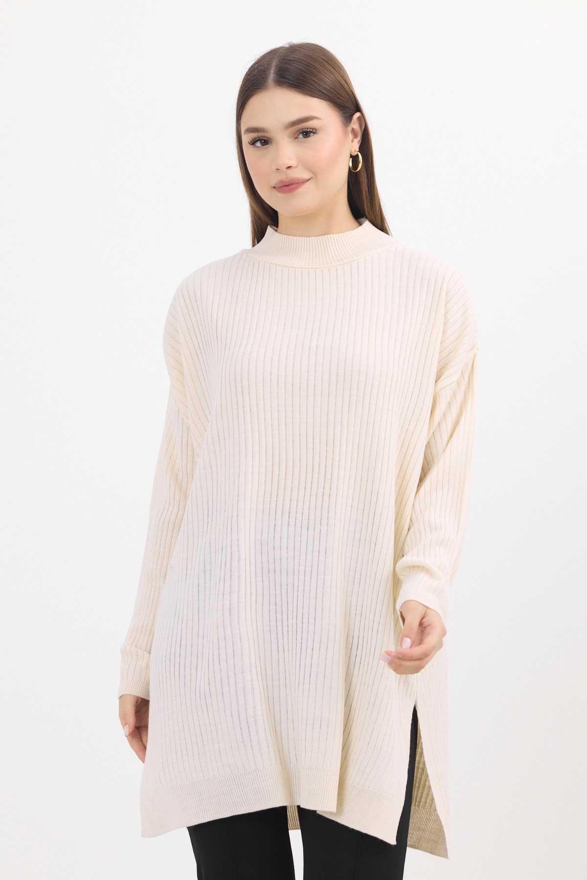 22131 Yırtmaç Detay Fitilli Tunik Krem - 1