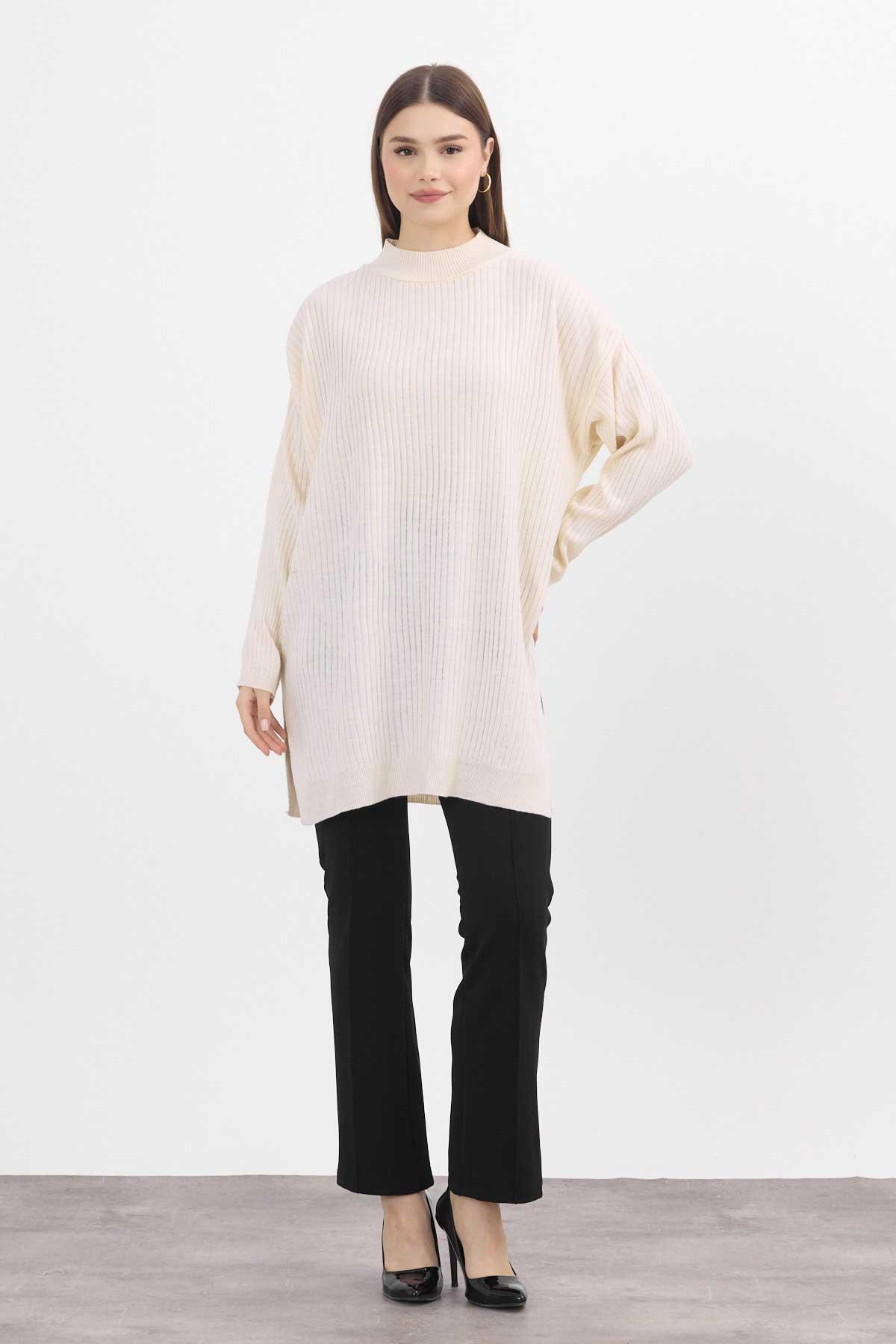 22131 Yırtmaç Detay Fitilli Tunik Krem - 2