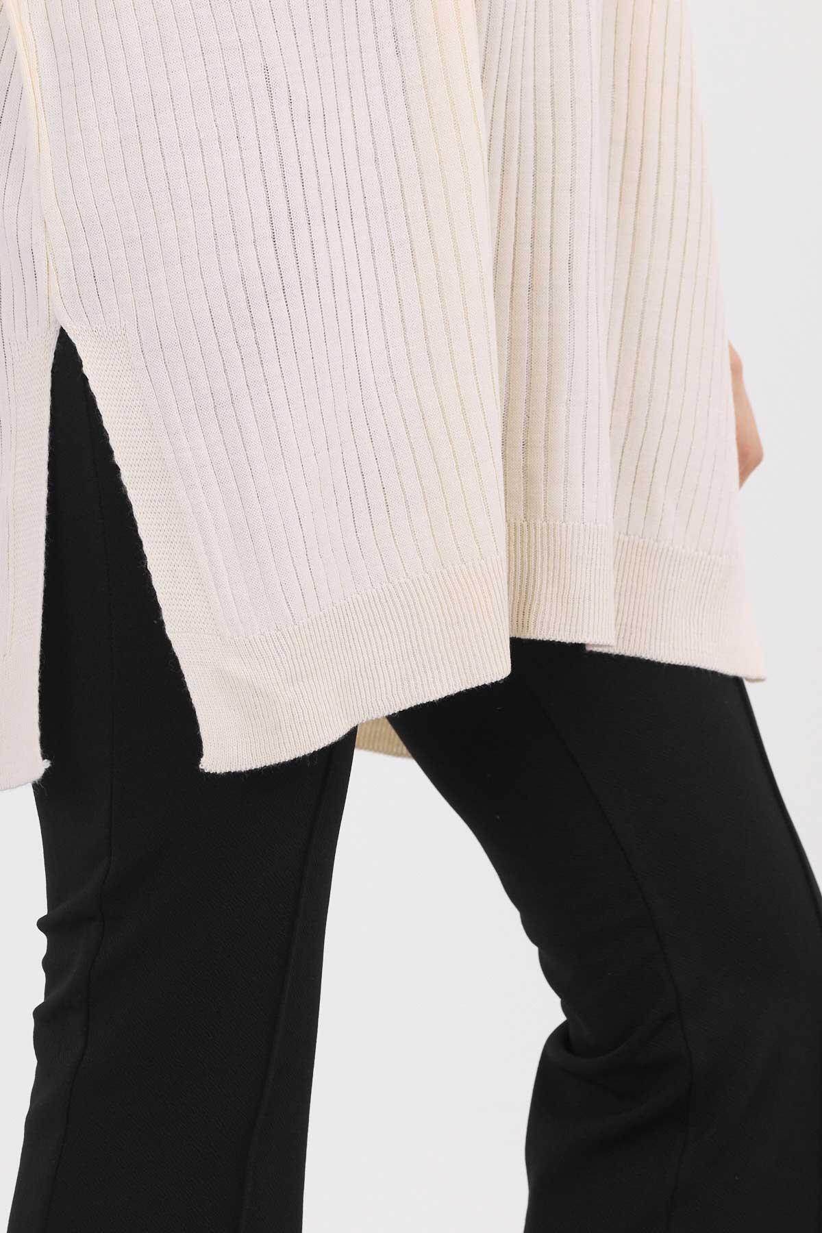 22131 Yırtmaç Detay Fitilli Tunik Krem - 5