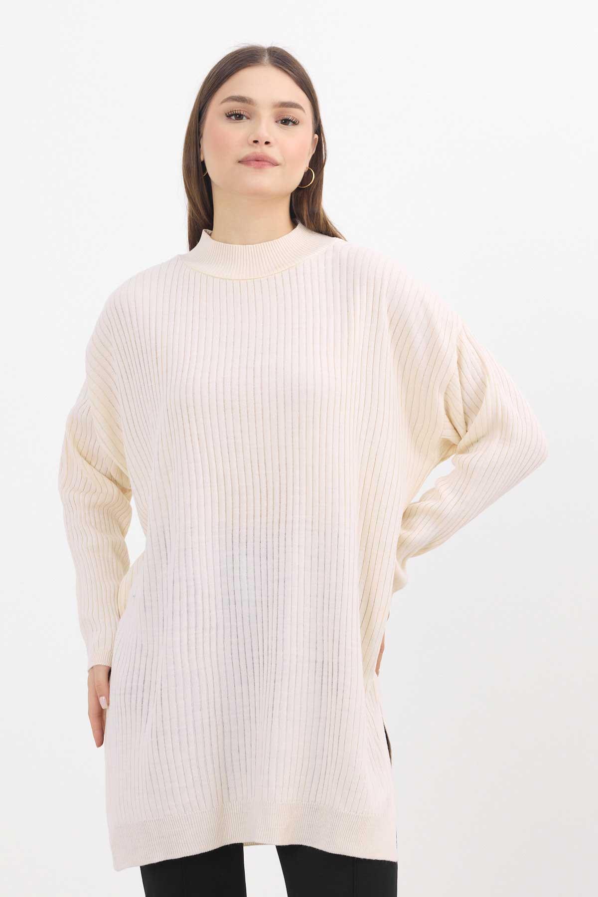 22131 Yırtmaç Detay Fitilli Tunik Krem - 3