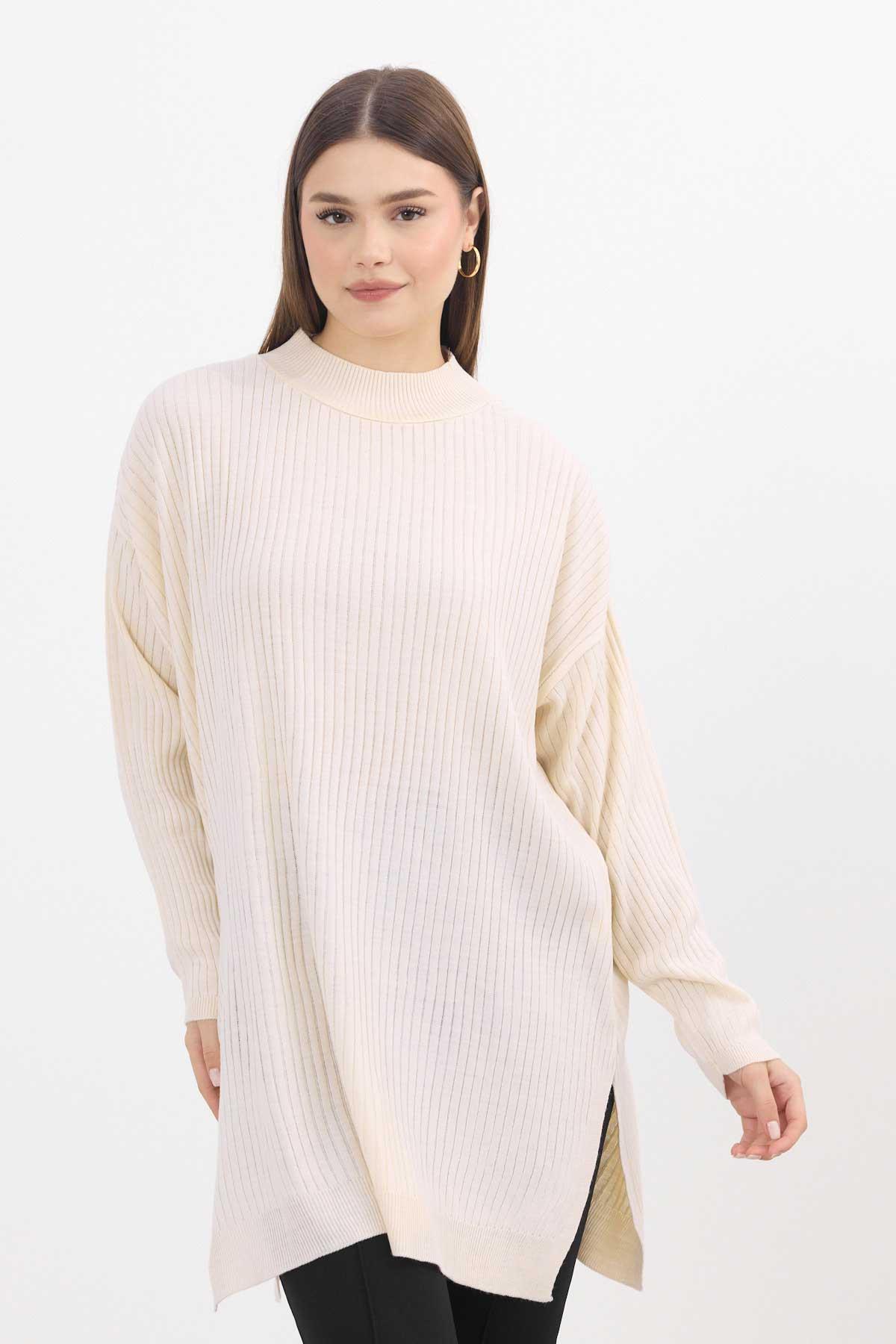 22131 Yırtmaç Detay Fitilli Tunik Krem - 8