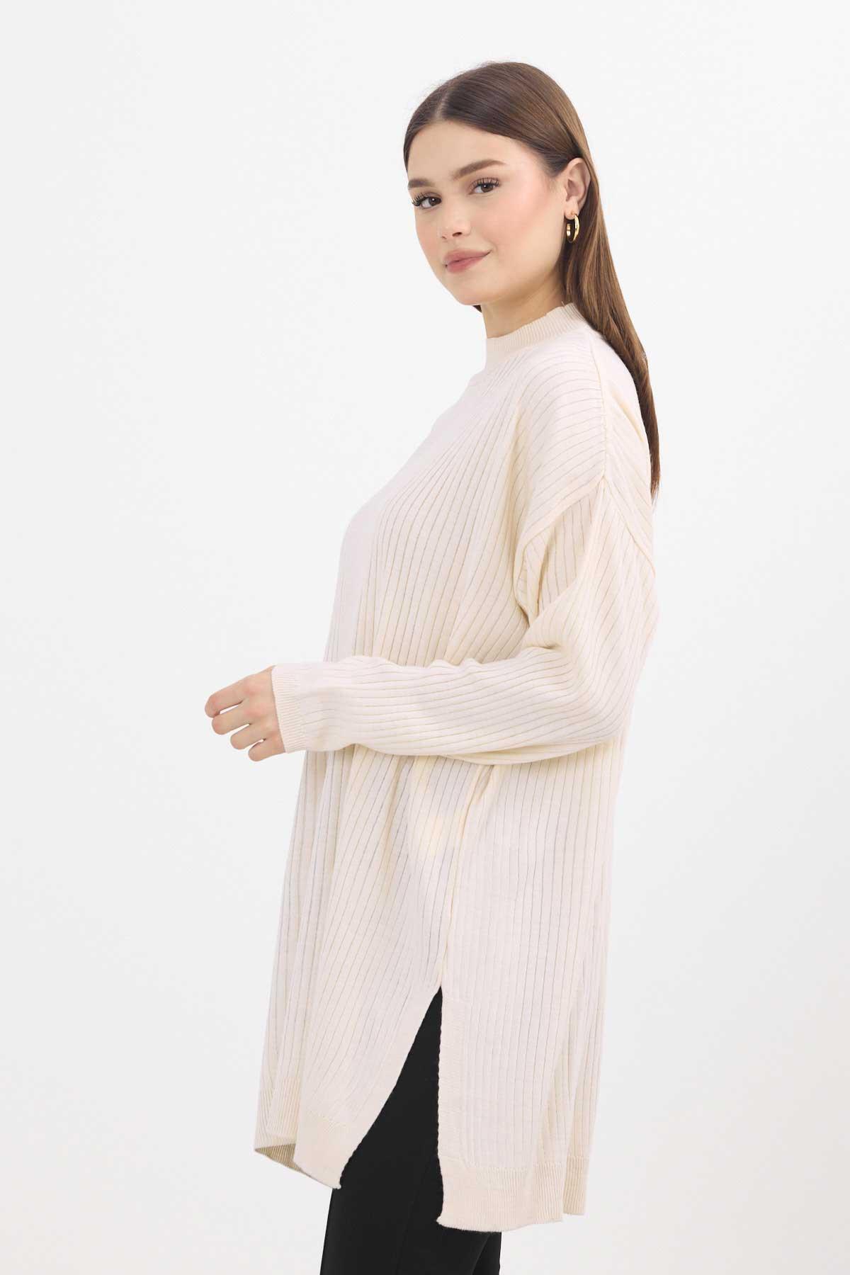 Krem Yırtmaç Detay Fitilli Kazak 22131 - 7