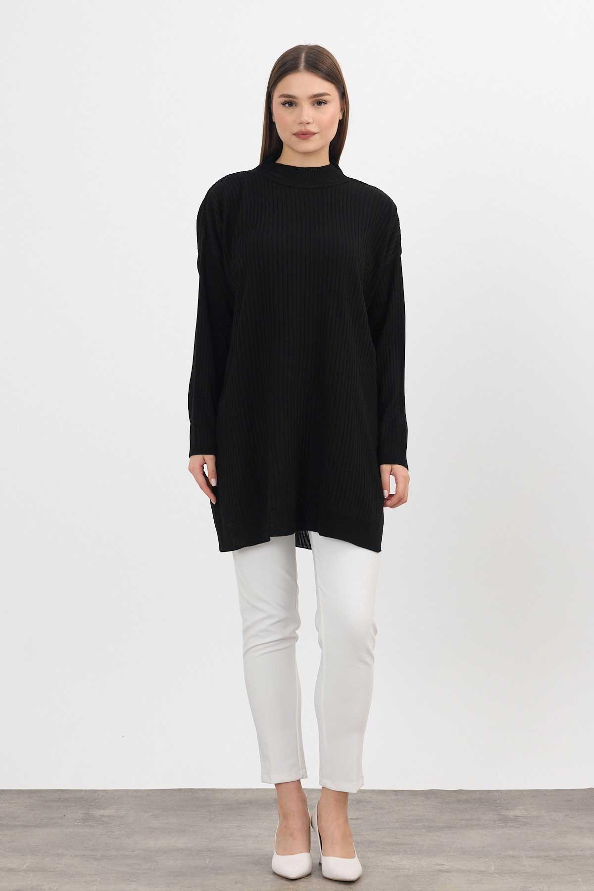 22131 Yırtmaç Detay Fitilli Tunik Siyah - RAYS