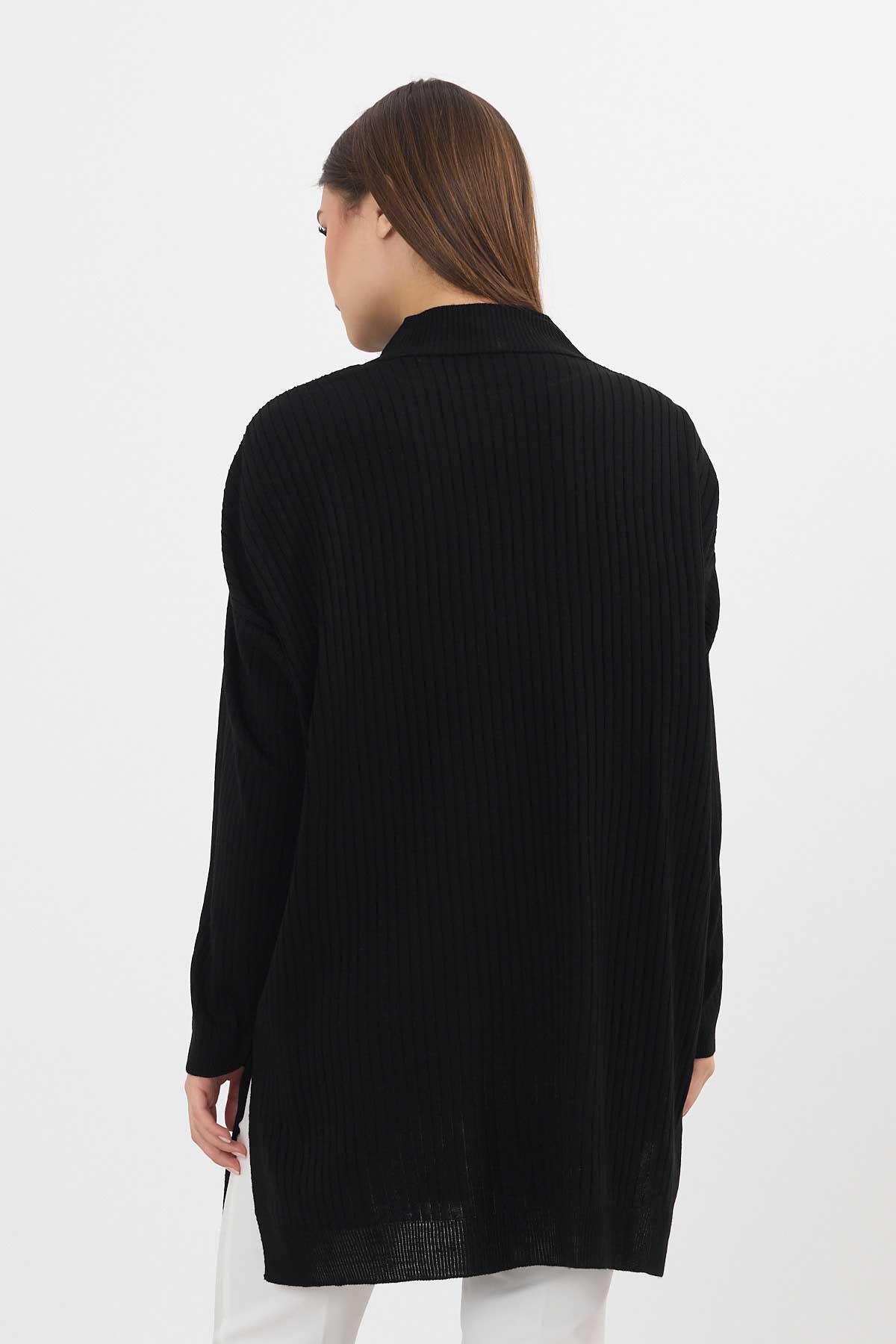 22131 Yırtmaç Detay Fitilli Tunik Siyah - 6