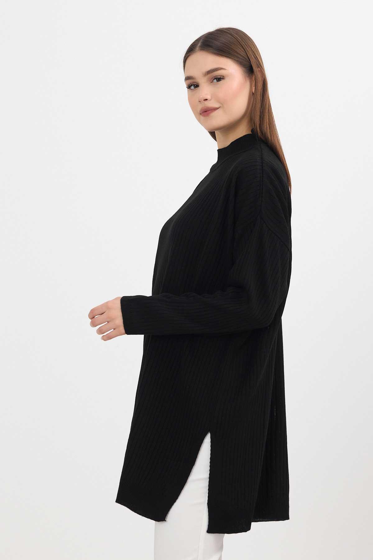22131 Yırtmaç Detay Fitilli Tunik Siyah - 7