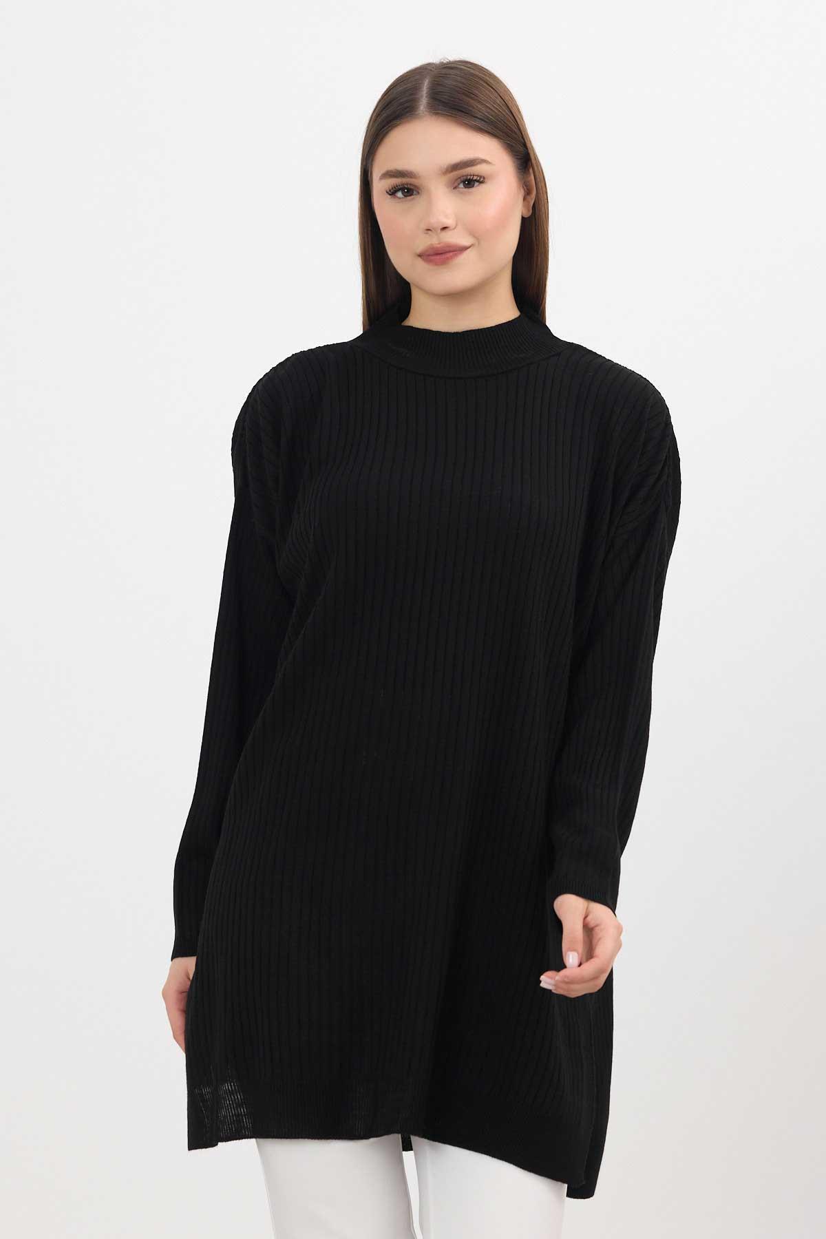 22131 Yırtmaç Detay Fitilli Tunik Siyah - 8