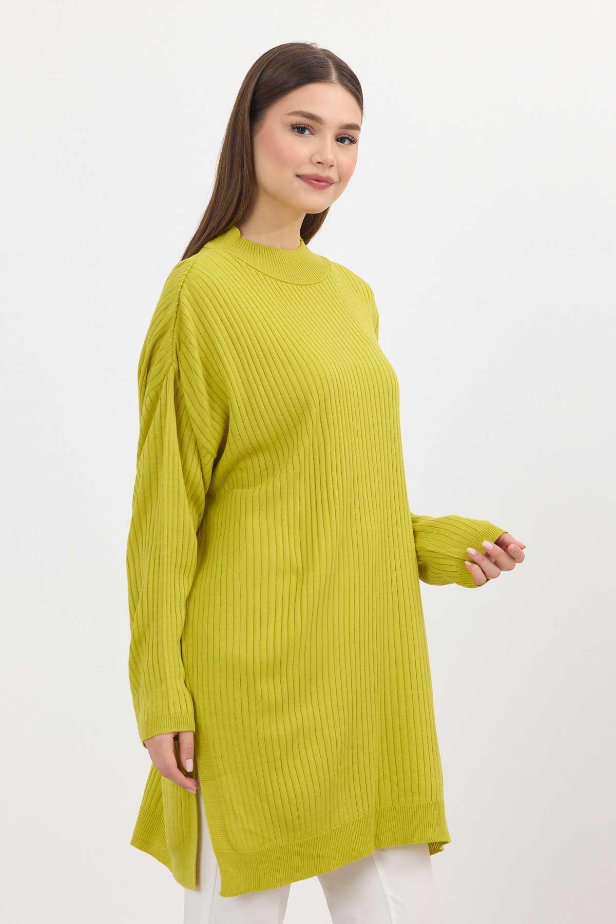 22131 Yırtmaç Detay Fitilli Tunik Yağ Yeşili - RAYS