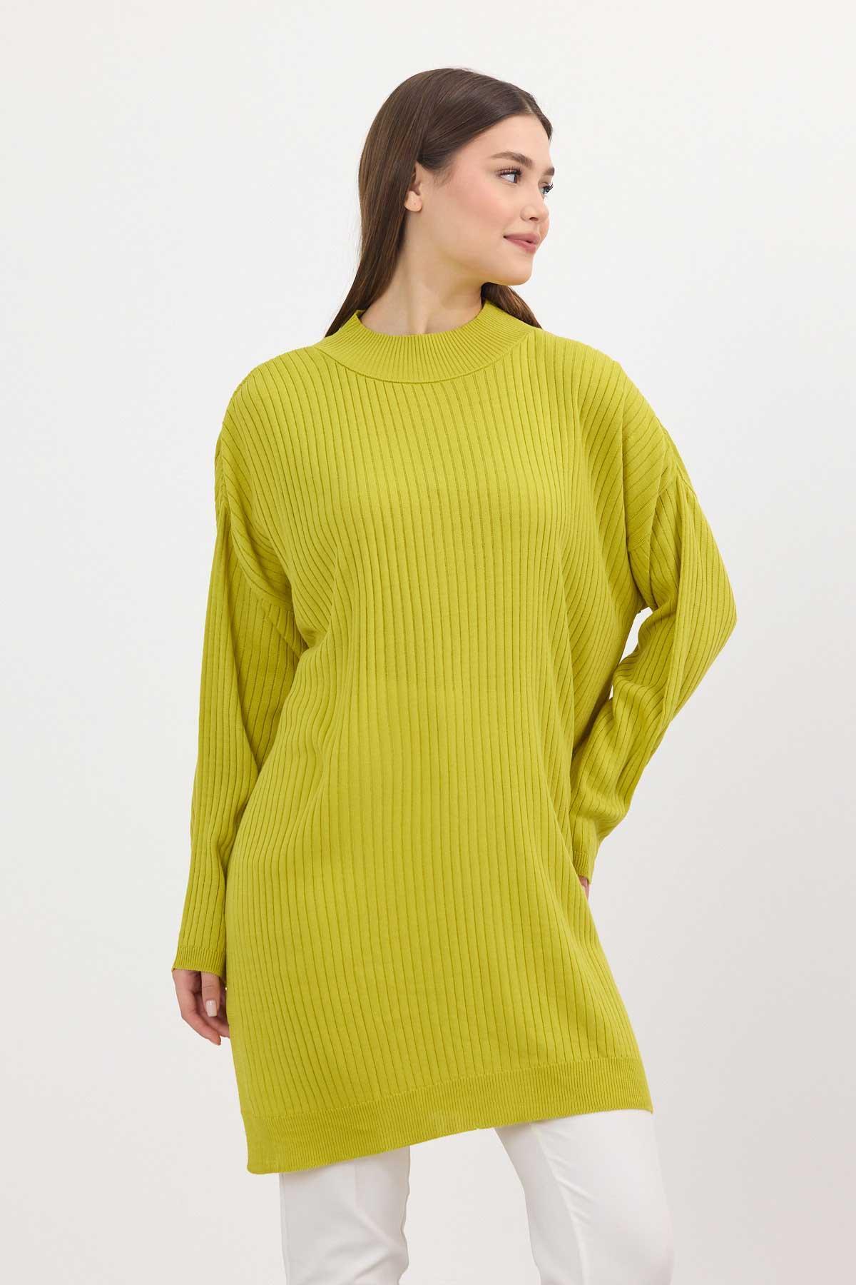 22131 Yırtmaç Detay Fitilli Tunik Yağ Yeşili - 1