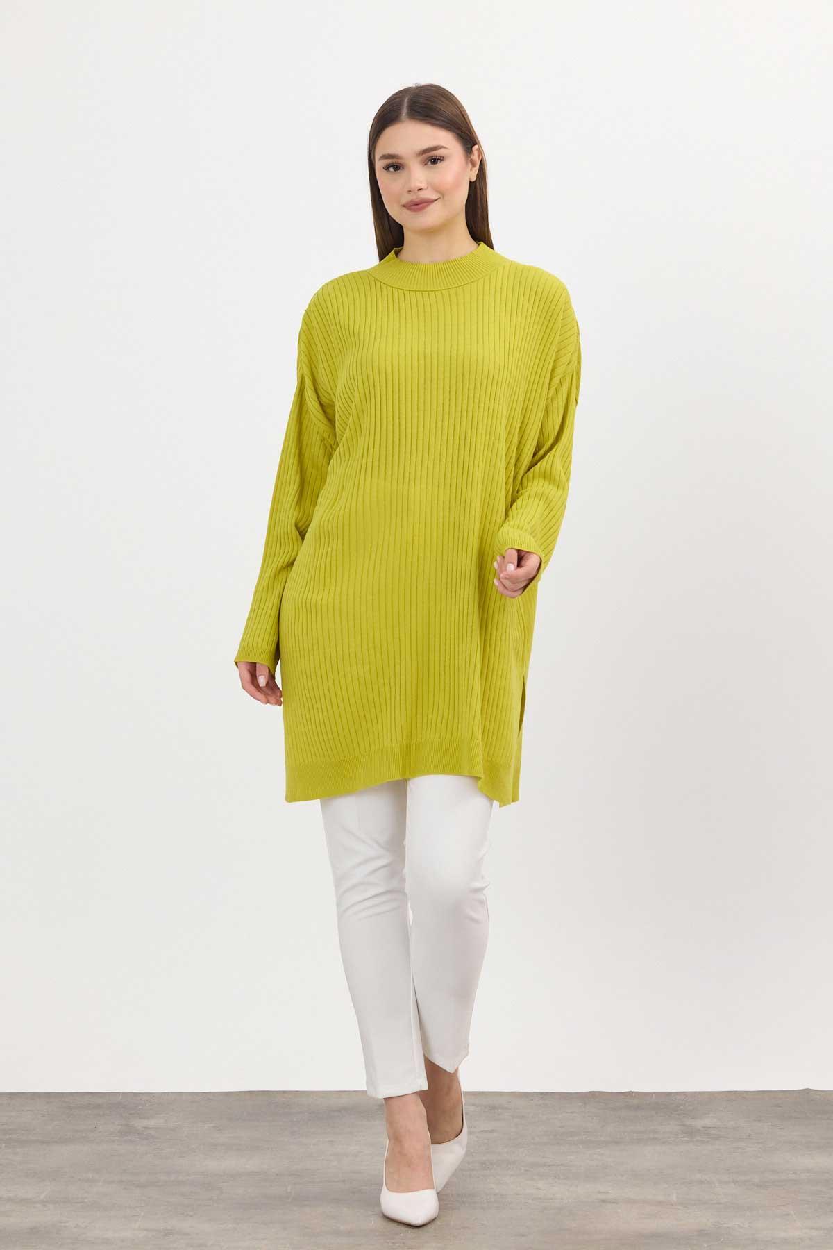 22131 Yırtmaç Detay Fitilli Tunik Yağ Yeşili - 7