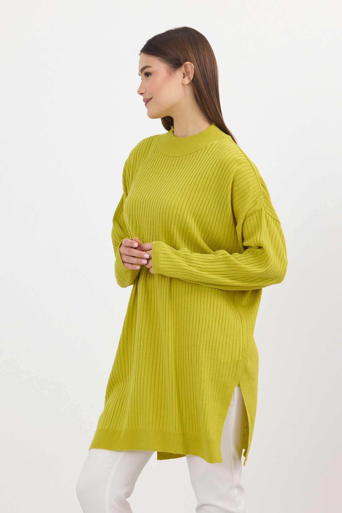 22131 Yırtmaç Detay Fitilli Tunik Yağ Yeşili - 8