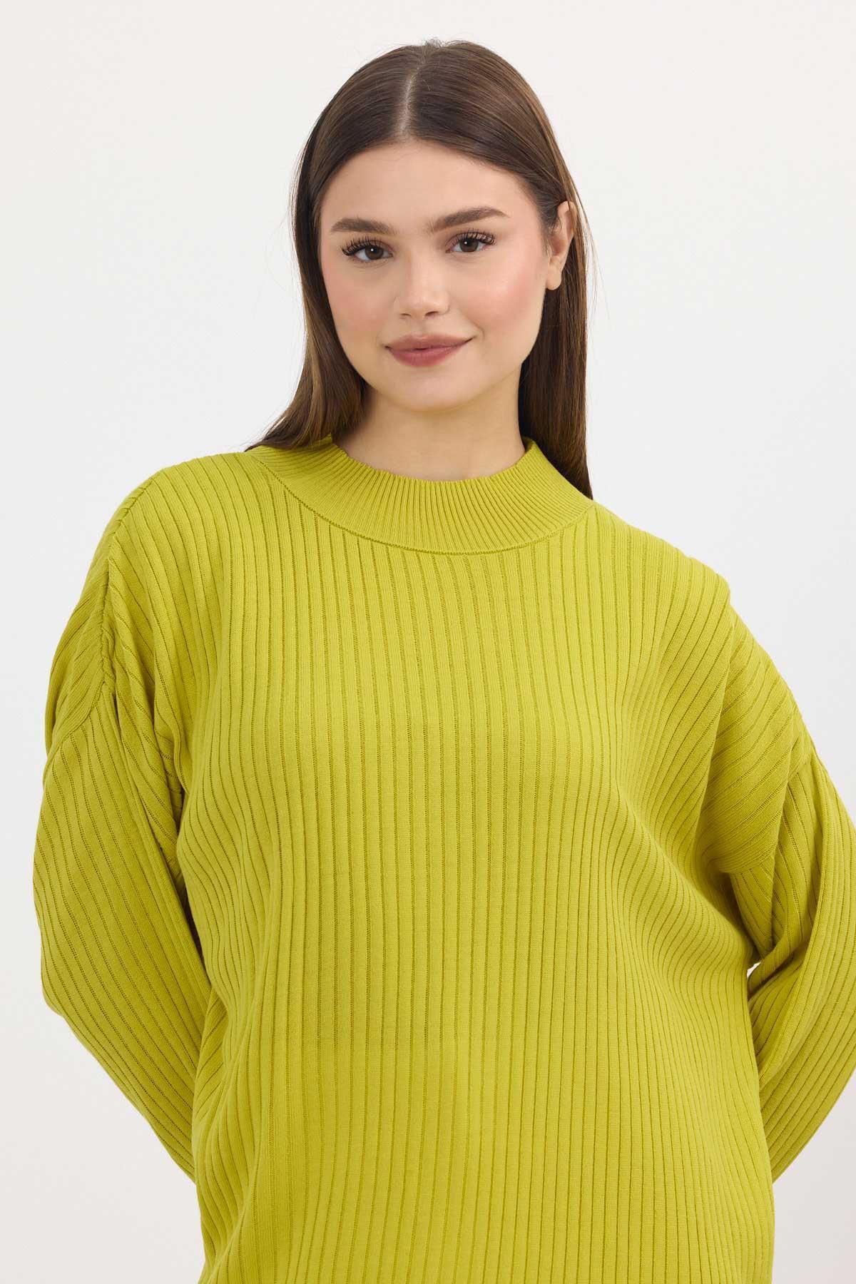 Yağ Yeşili Yırtmaç Detay Fitilli Kazak 22131 - 4