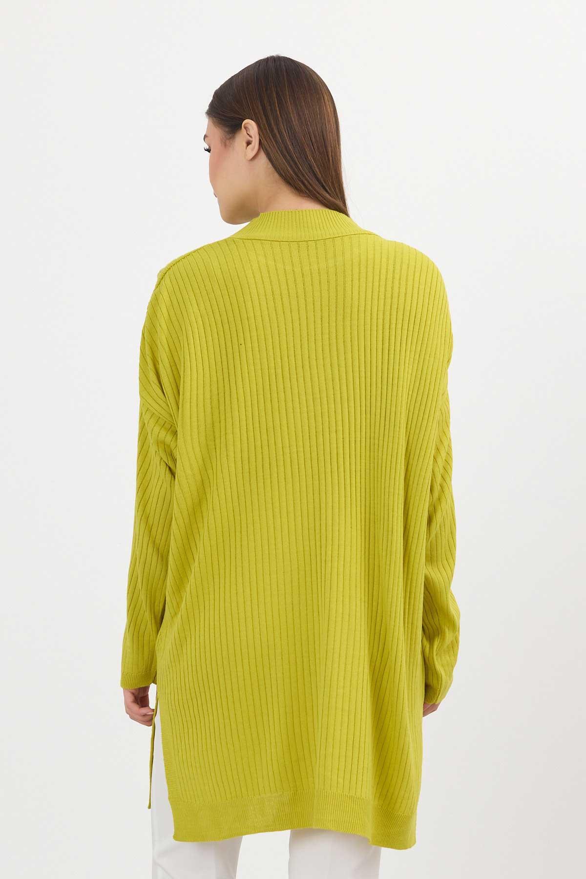 Yağ Yeşili Yırtmaç Detay Fitilli Kazak 22131 - 5