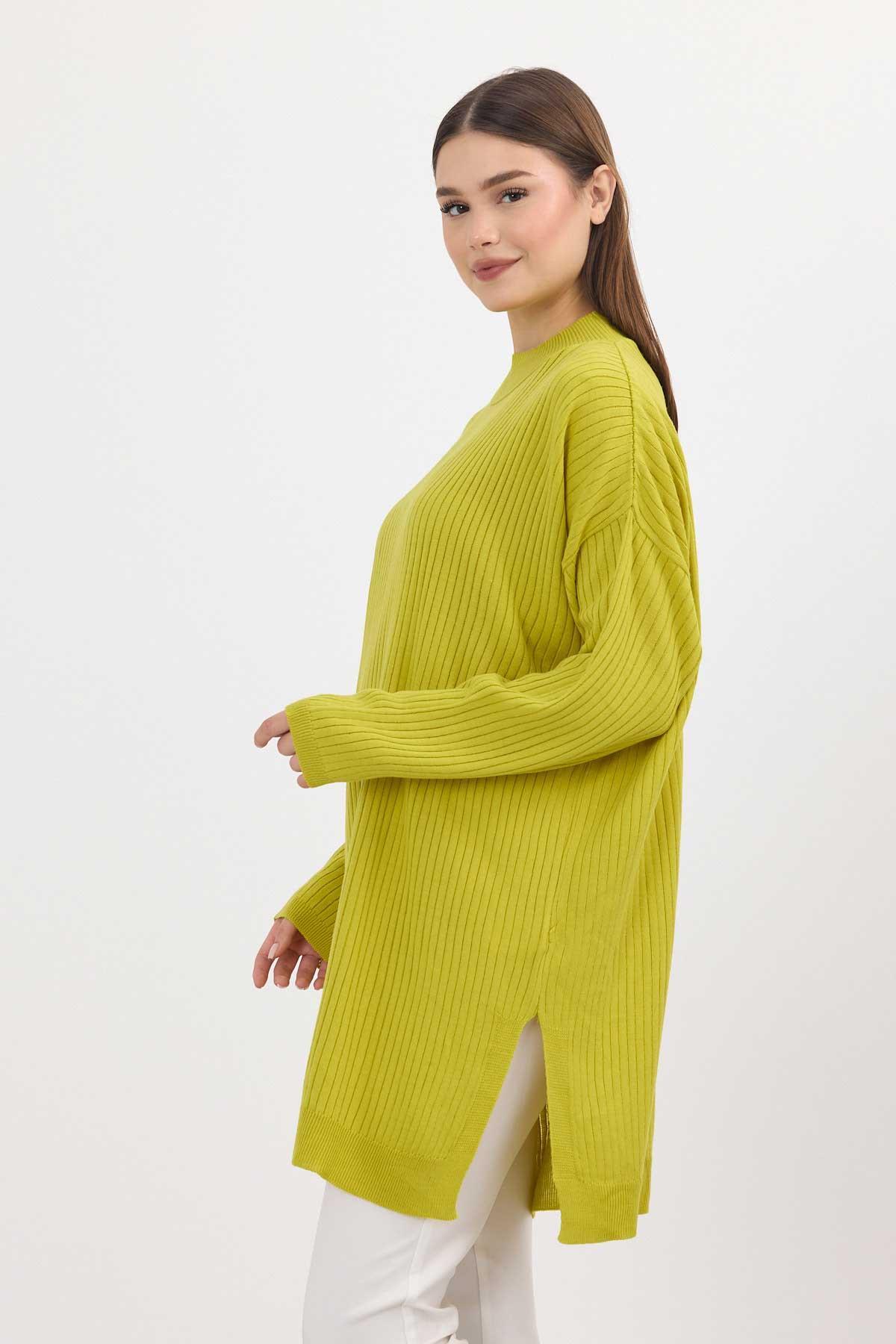 Yağ Yeşili Yırtmaç Detay Fitilli Kazak 22131 - 6