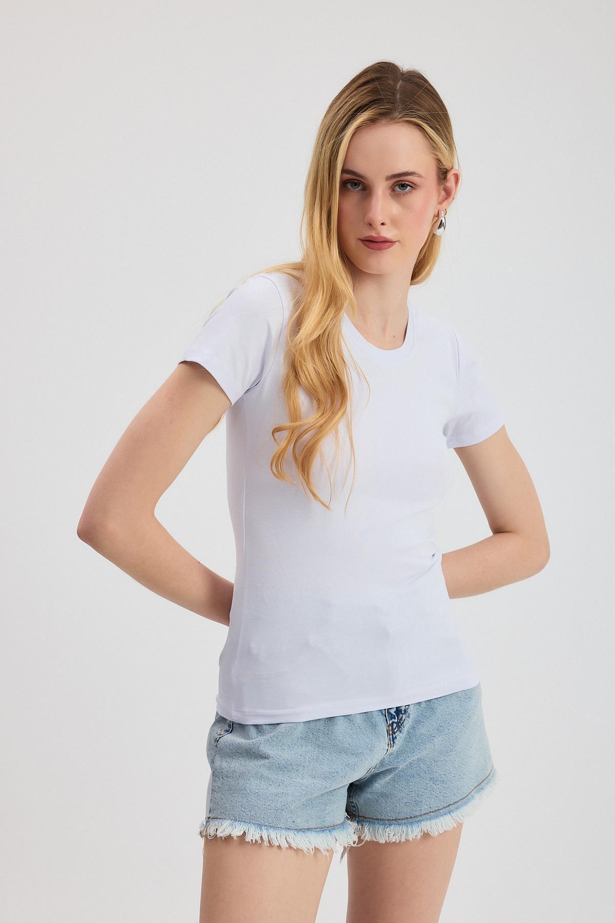 Beyaz Slim Fit Bisiklet Yaka Kısa Kollu Tişört 2214 - RAYS