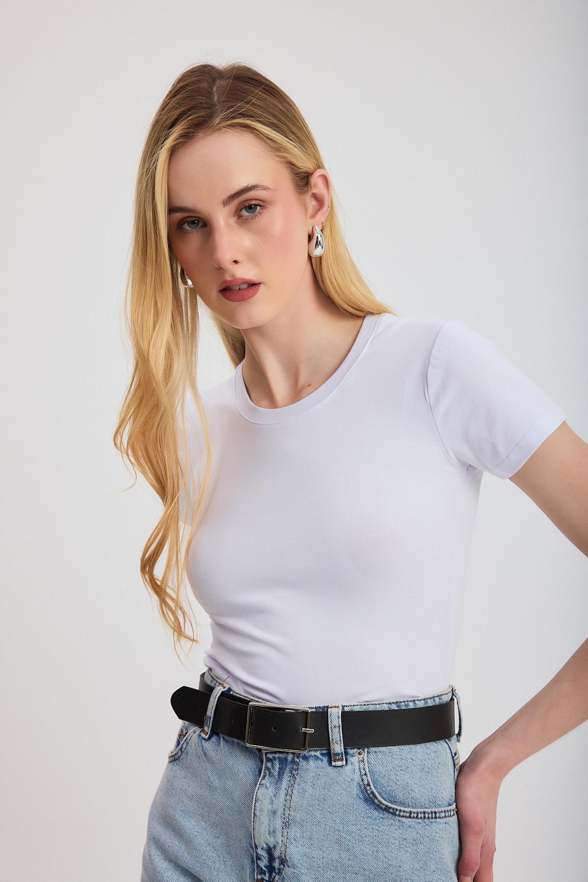 Beyaz Slim Fit Bisiklet Yaka Kısa Kollu Tişört 2214 - 7