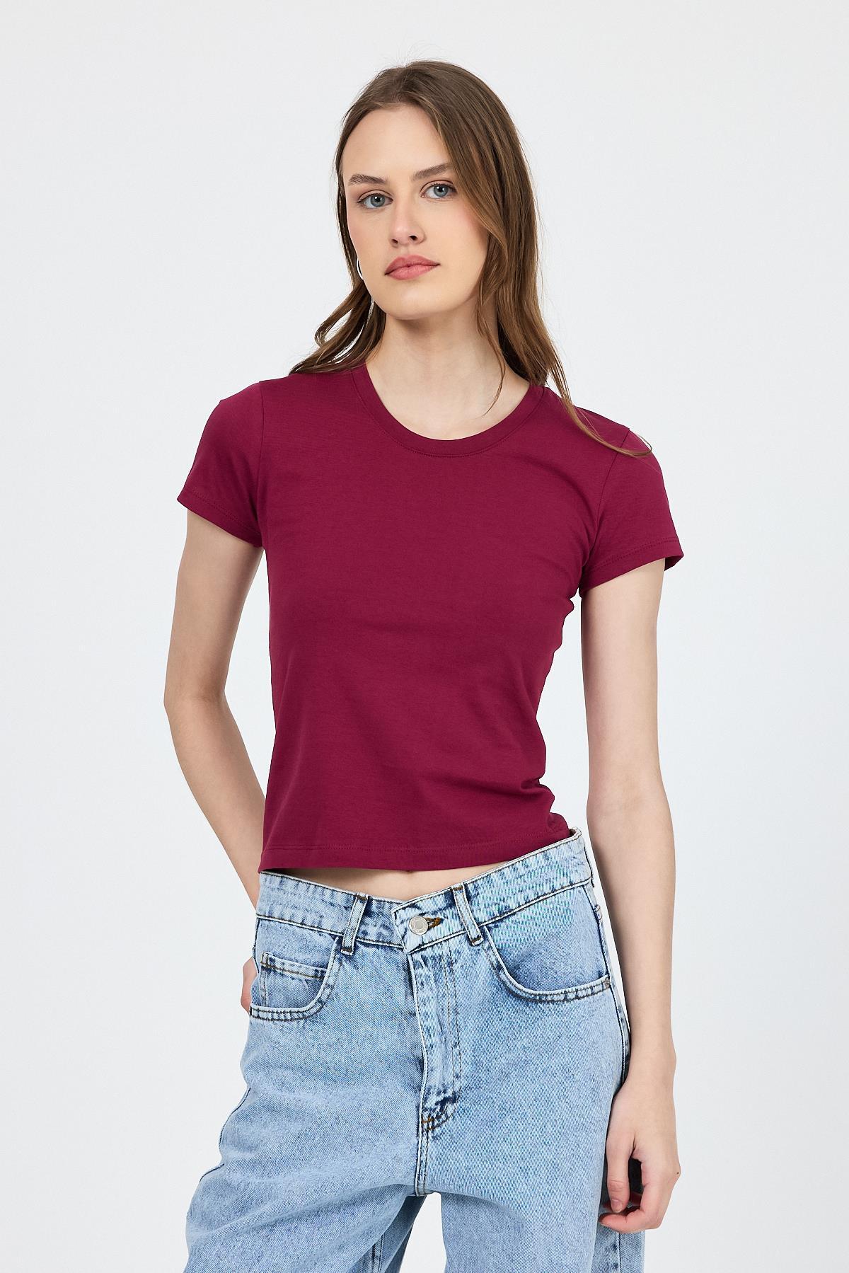 Bordo Slim Fit Bisiklet Yaka Kısa Kollu Tişört 2214 