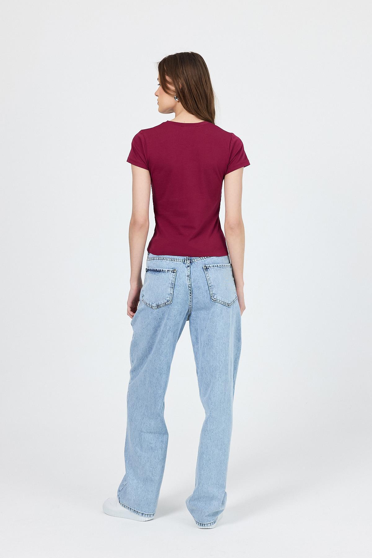 Bordo Slim Fit Bisiklet Yaka Kısa Kollu Tişört 2214 - 5