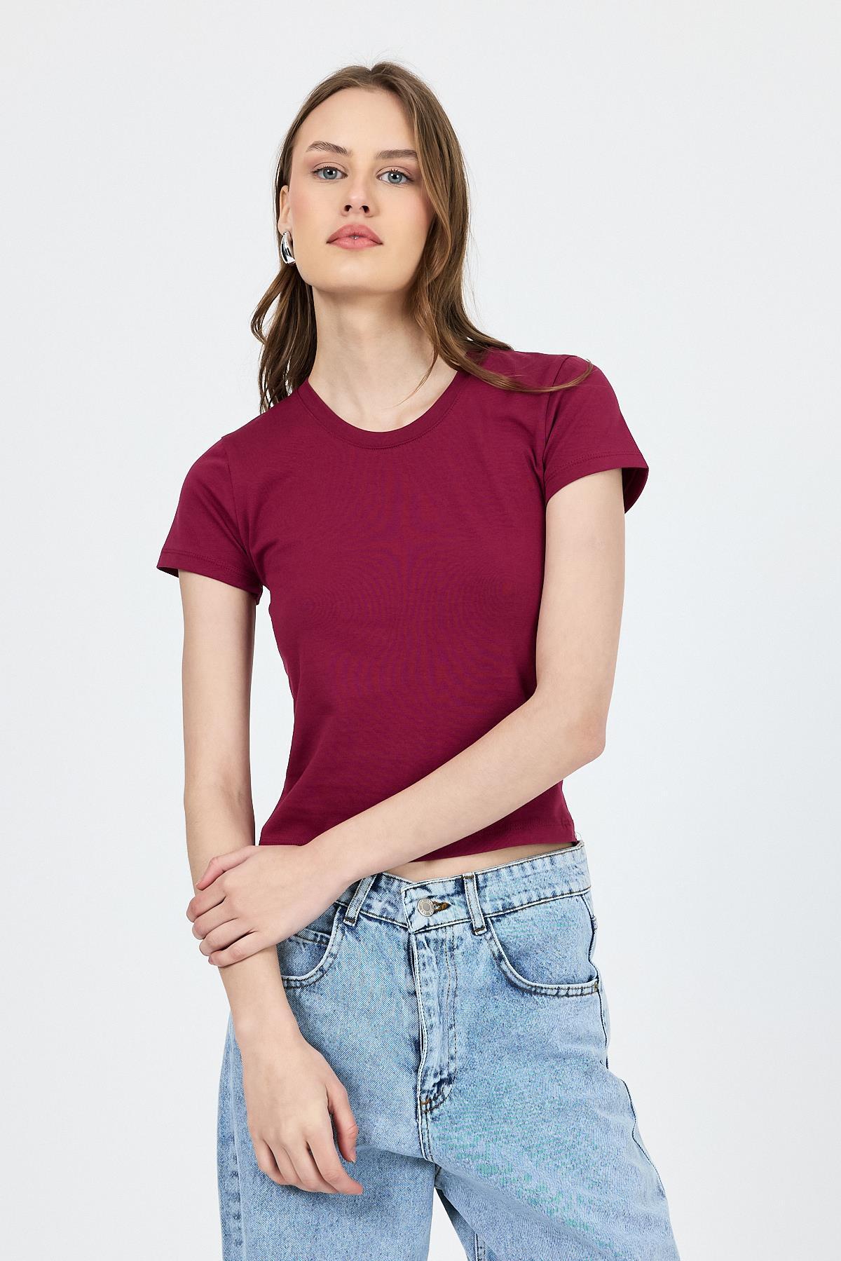 Bordo Slim Fit Bisiklet Yaka Kısa Kollu Tişört 2214 - 3