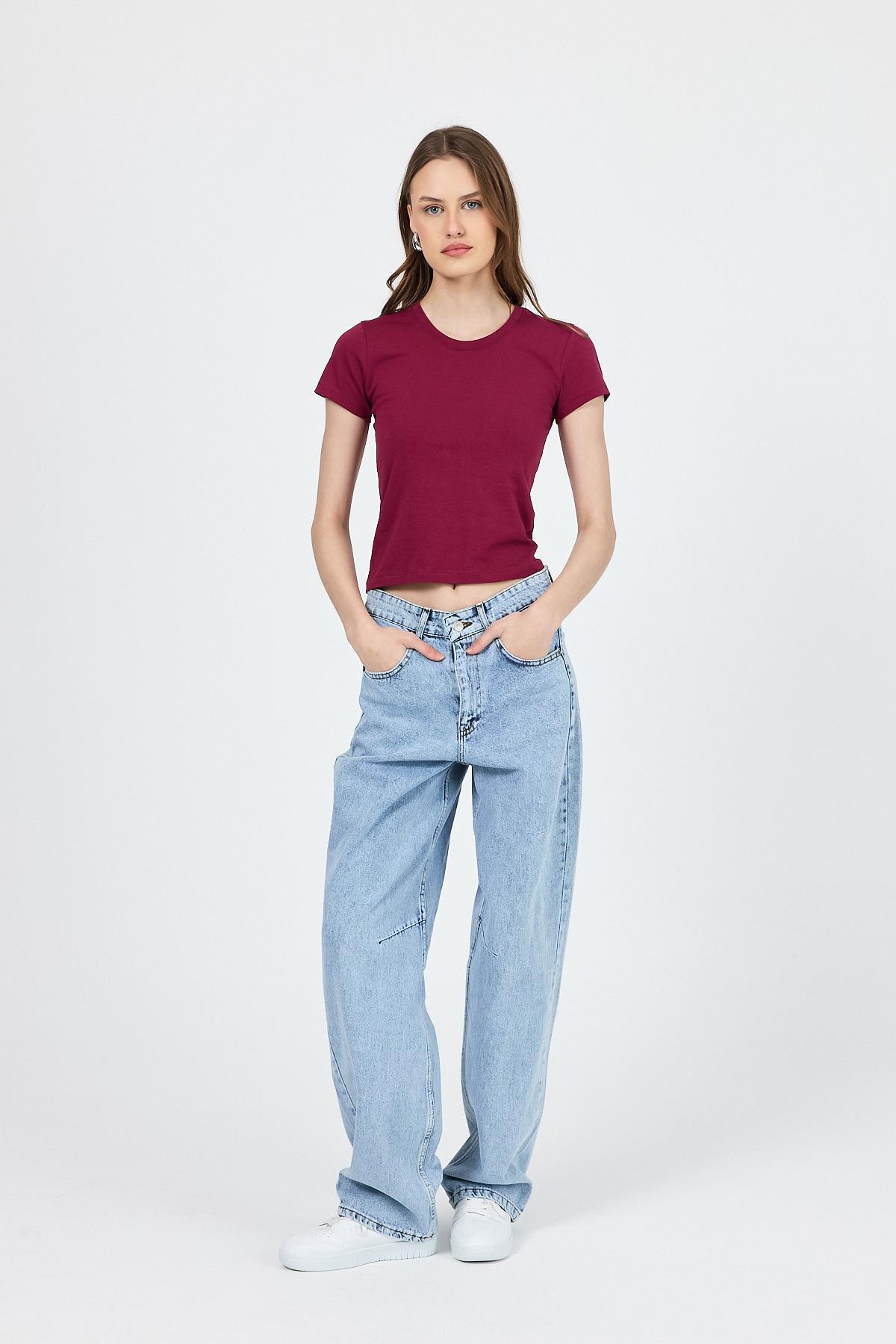 Bordo Slim Fit Bisiklet Yaka Kısa Kollu Tişört 2214 - RAYS