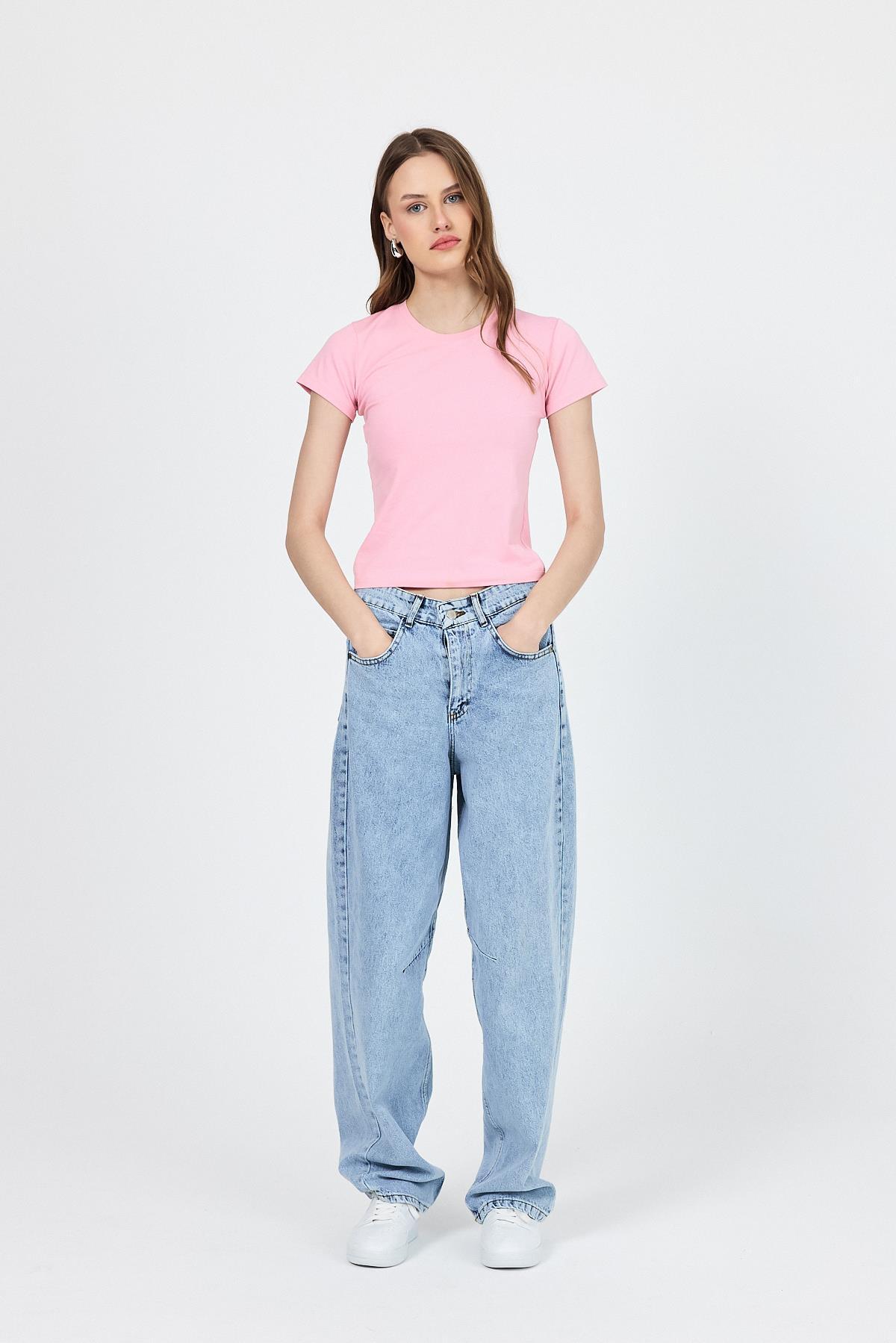 Pembe Slim Fit Bisiklet Yaka Kısa Kollu Tişört 2214 - 2