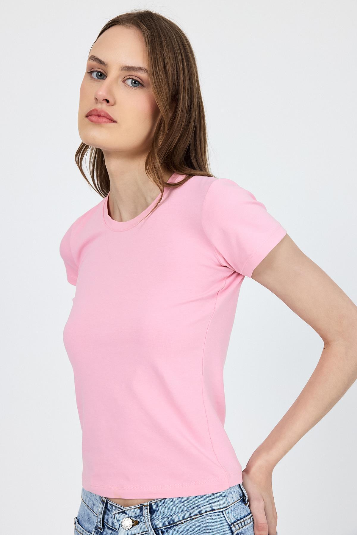 Pembe Slim Fit Bisiklet Yaka Kısa Kollu Tişört 2214 - 4