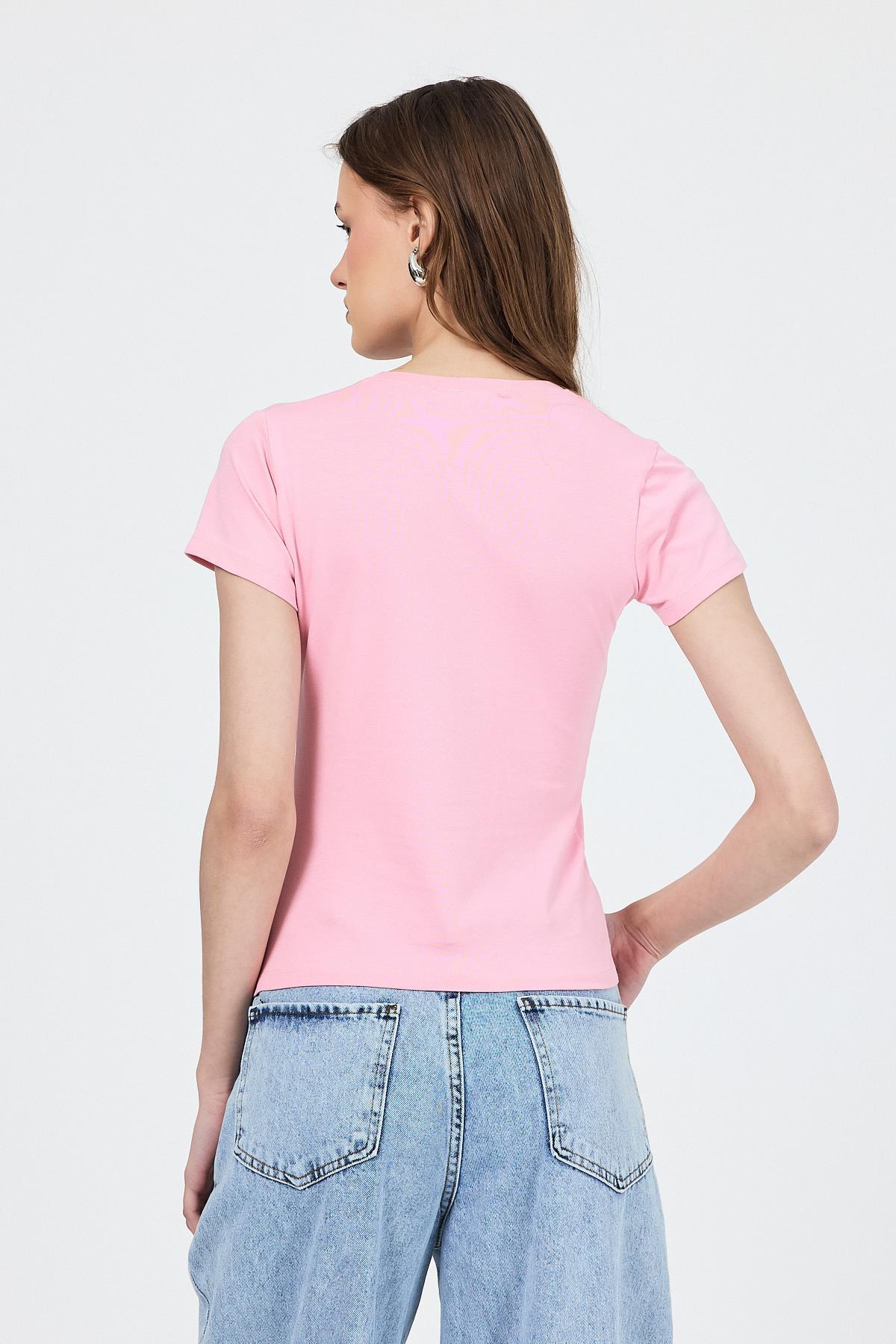 Pembe Slim Fit Bisiklet Yaka Kısa Kollu Tişört 2214 - 5