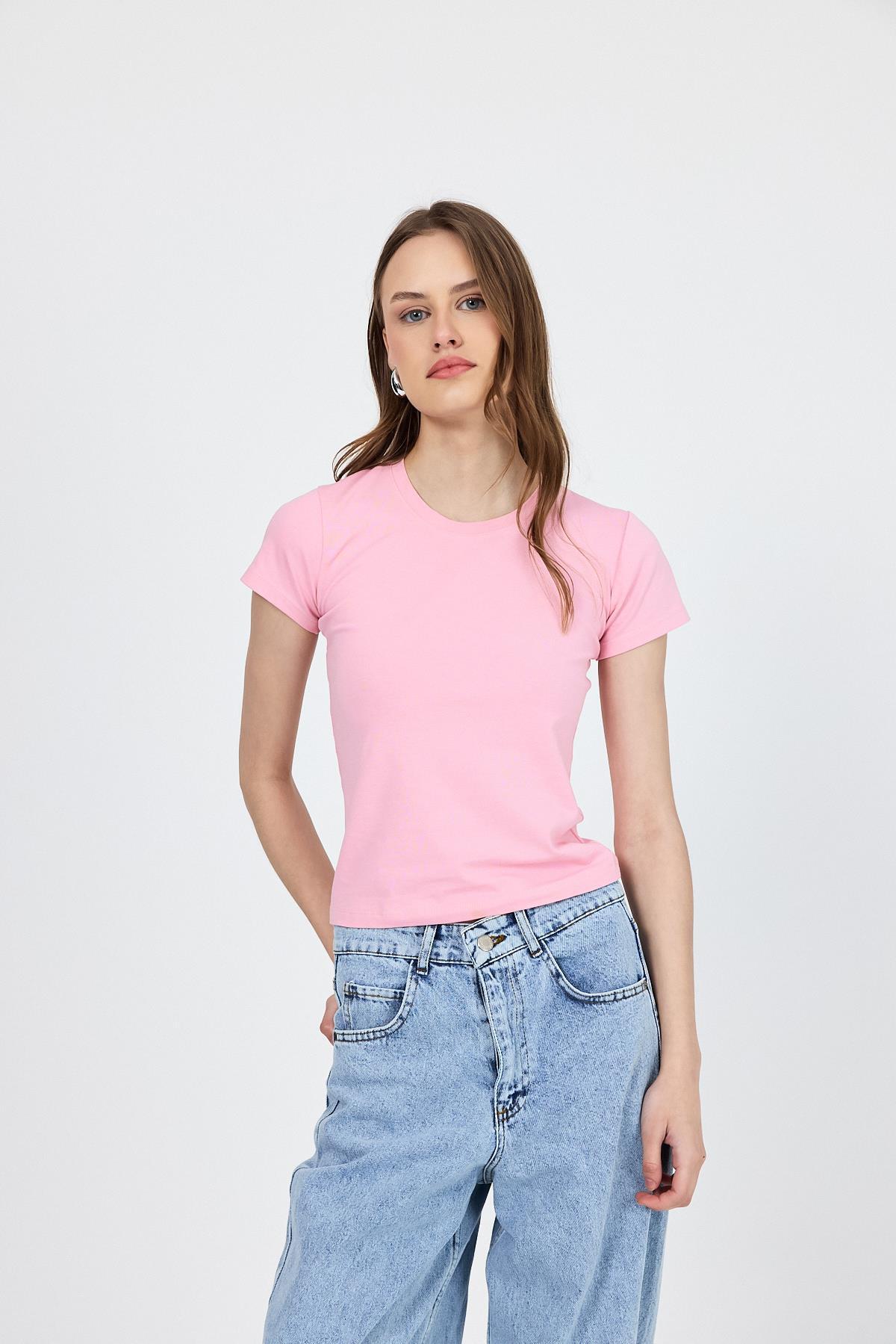Pembe Slim Fit Bisiklet Yaka Kısa Kollu Tişört 2214 - 3