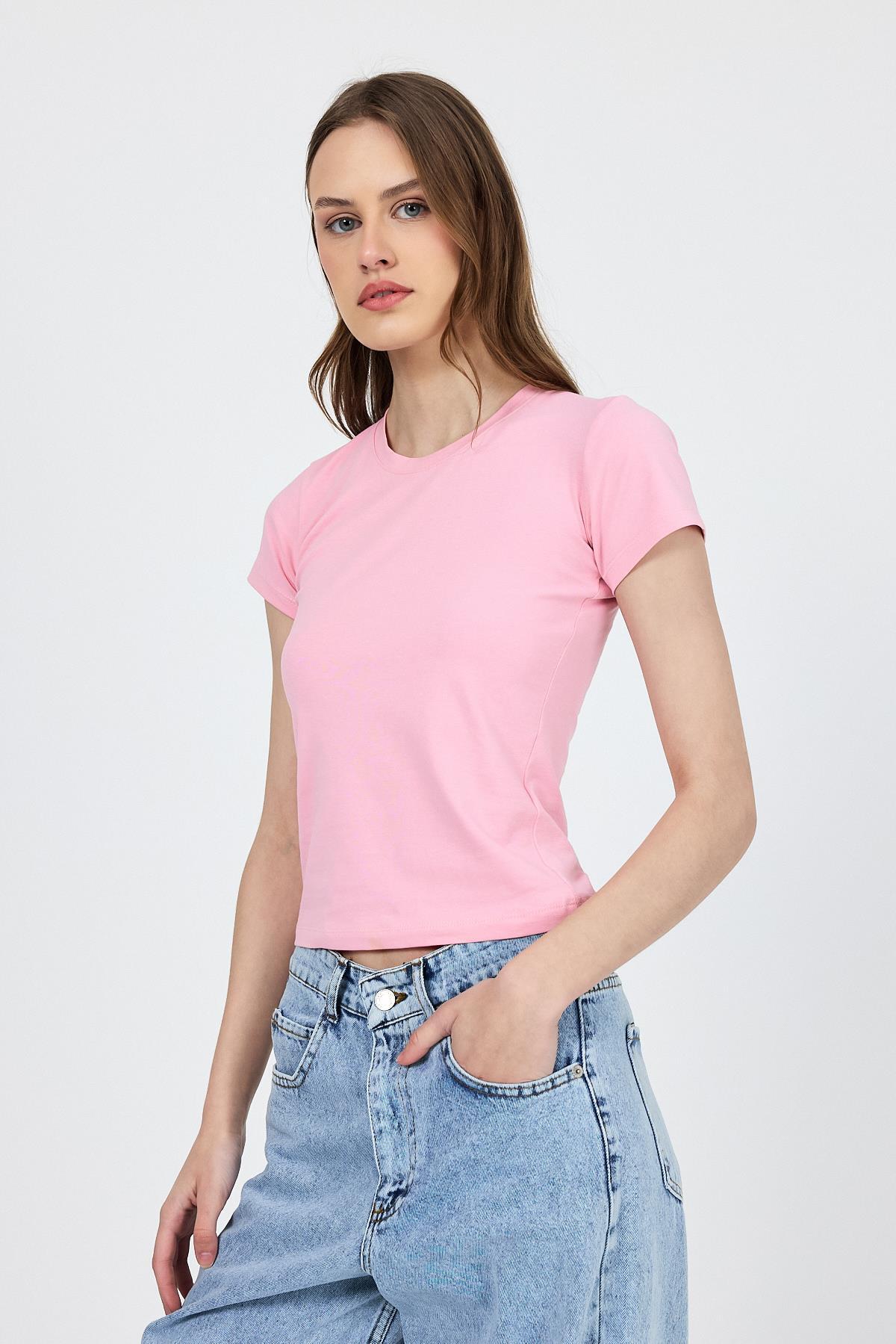 Pembe Slim Fit Bisiklet Yaka Kısa Kollu Tişört 2214 - 7